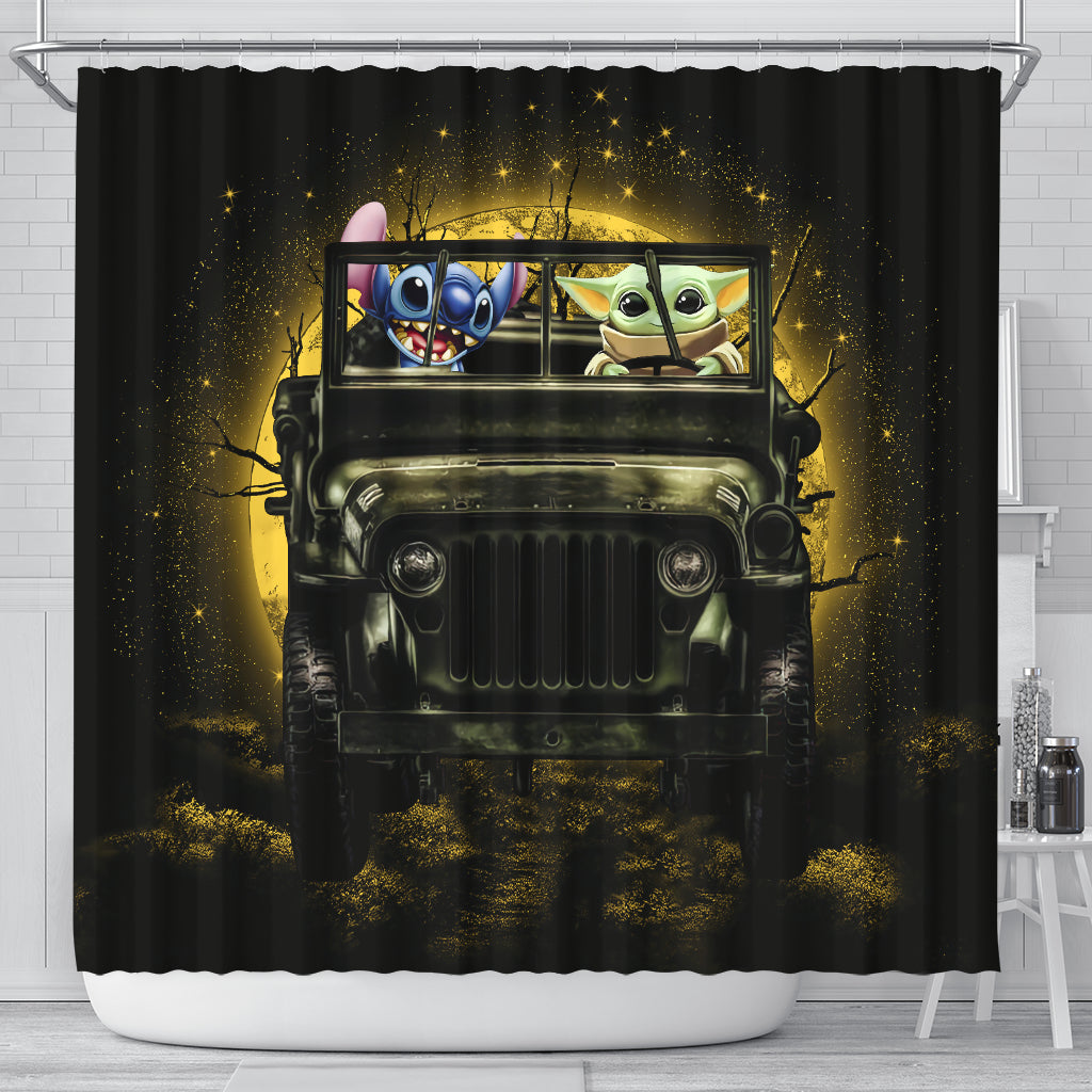 Stitch And Baby Yoda Ride Jeep Moonlight Halloween Funny Shower Curtain Nearkii