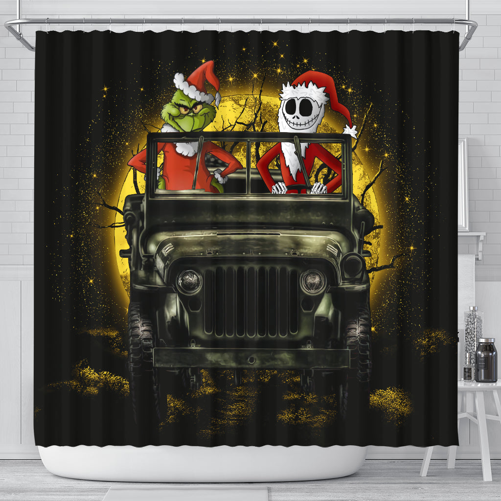 Jack Nightmare Before Christmas And Grinch Ride Jeep Moonlight Hallowwen Shower Curtain Nearkii