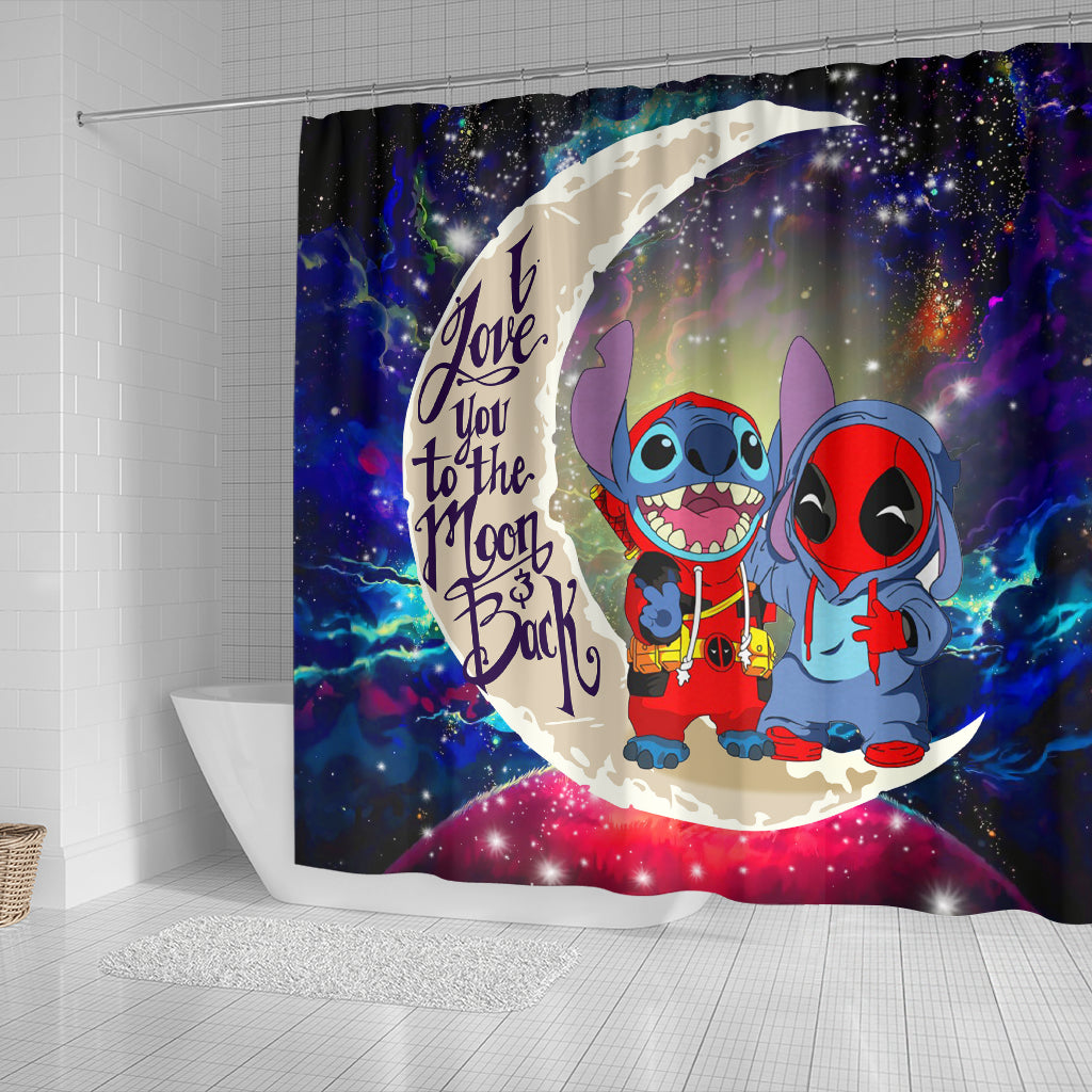 Cute Deadpool And Stitch Love You To The Moon Galaxy Shower Curtain Nearkii