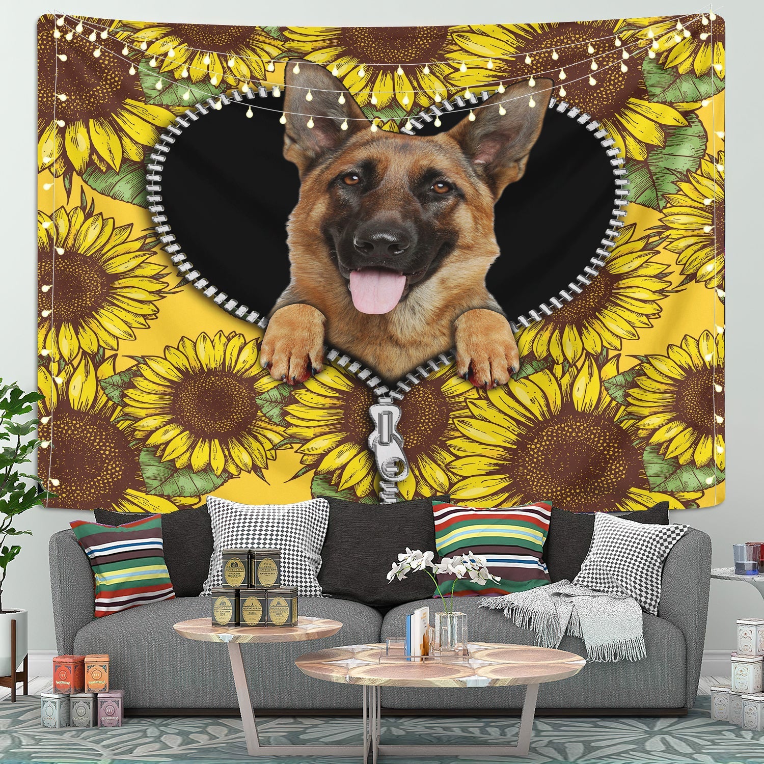 German Shepherd Sunflower Zipper Tapestry Room Decor Nearkii