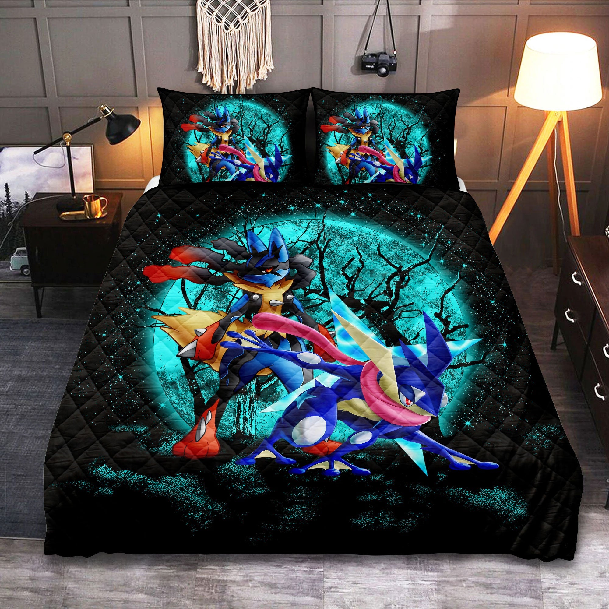 Greninja Satoshi And Mega Lucario Pokemon Funny Anime Moonlight Halloween Quilt Bed Sets Nearkii