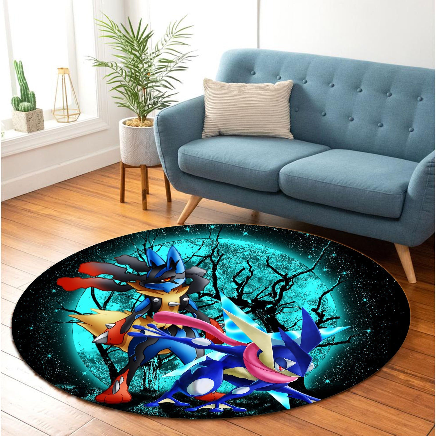 Greninja Satoshi And Mega Lucario Pokemon Moonlight Halloween Round Carpet Rug Bedroom Livingroom Home Decor Nearkii