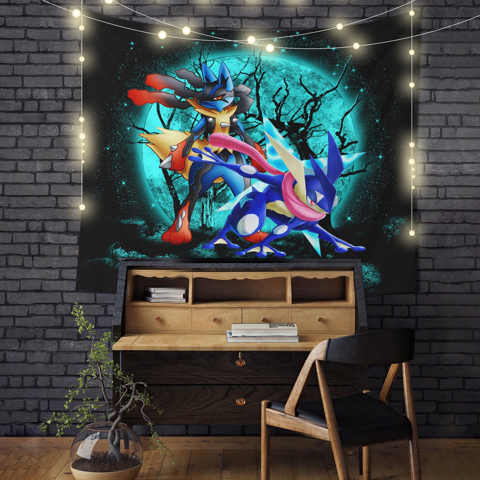 Greninja Satoshi And Mega Lucario Pokemon Moonlight Halloween Funny Tapestry Room Decor Nearkii