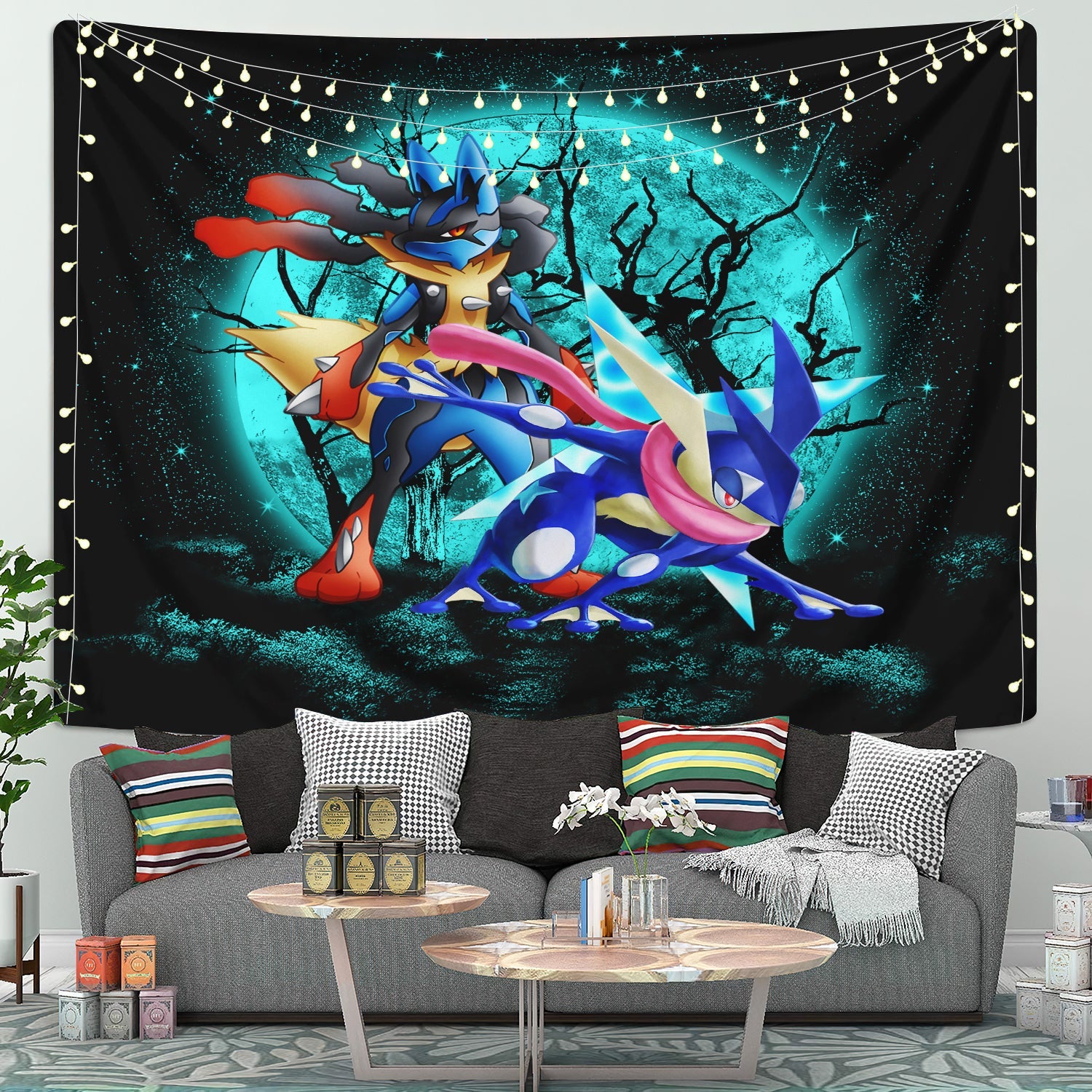 Greninja Satoshi And Mega Lucario Pokemon Moonlight Halloween Funny Tapestry Room Decor Nearkii