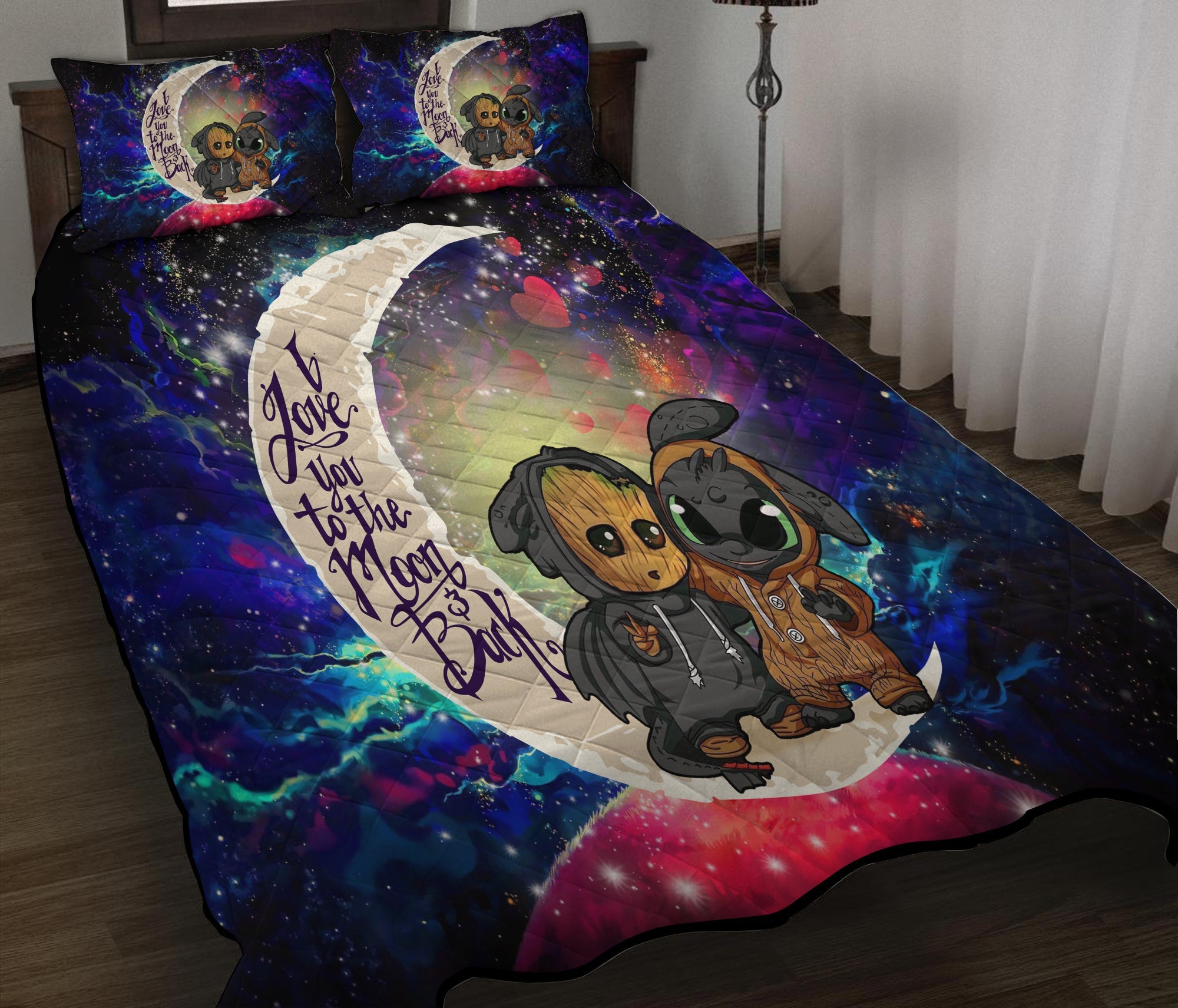 Groot And Toothless Love You To The Moon Galaxy Quilt Bed Sets Nearkii