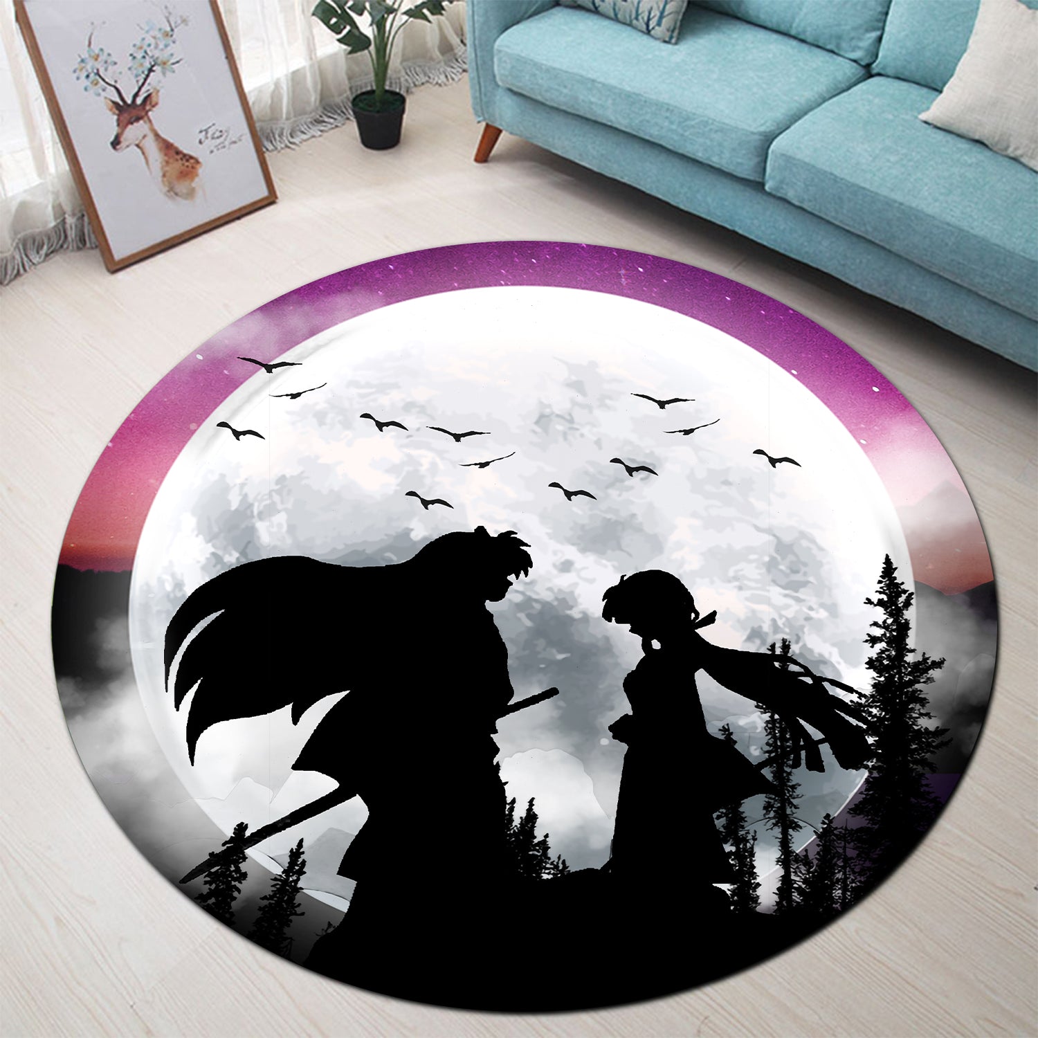 Inuyasha Couple Moon Night Round Carpet Rug Bedroom Livingroom Home Decor Nearkii