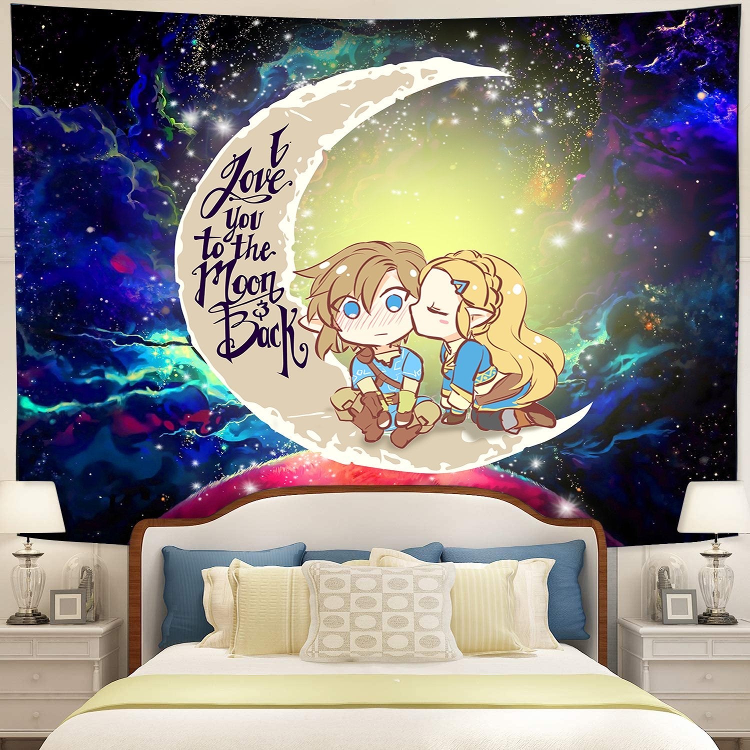 Legend Of Zelda Couple Chibi Moon And Back Galaxy Tapestry Room Decor Nearkii