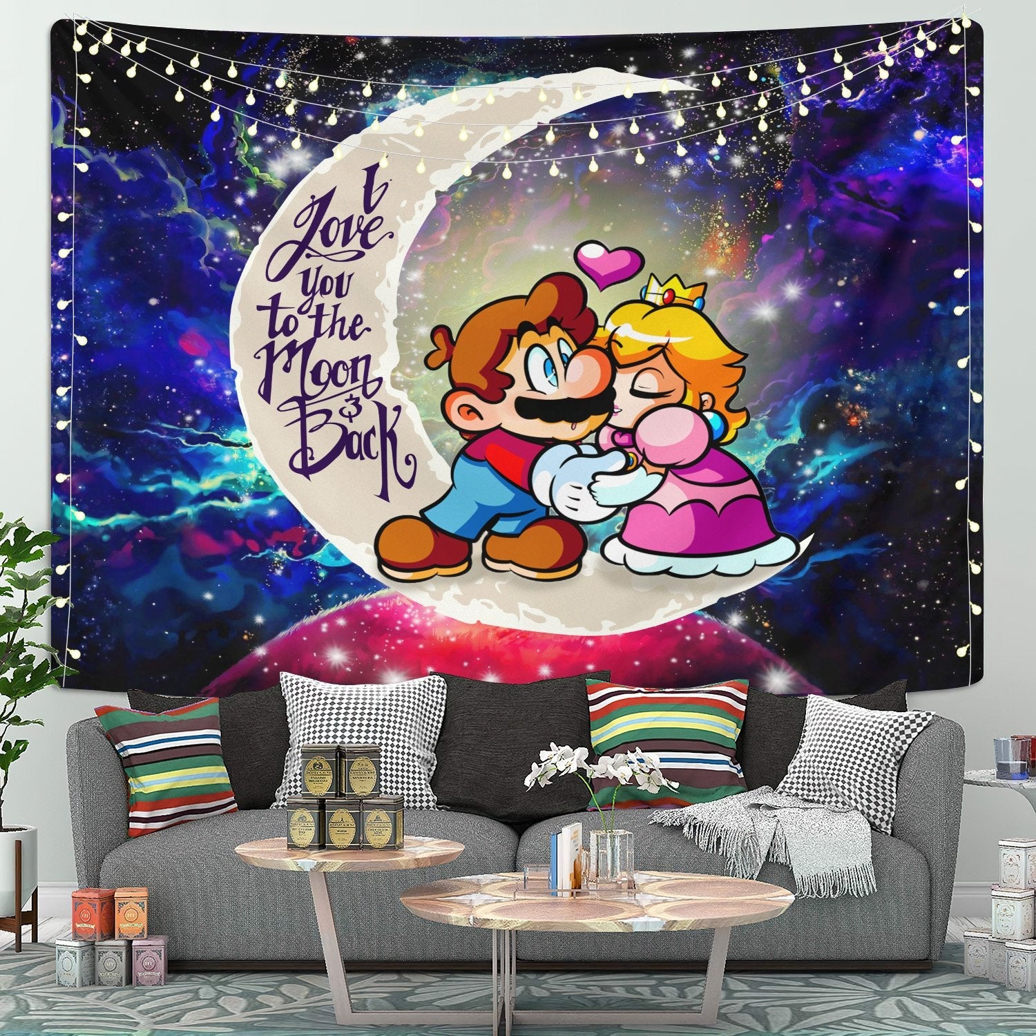 Mario Couple Moon And Back Galaxy Tapestry Room Decor Nearkii