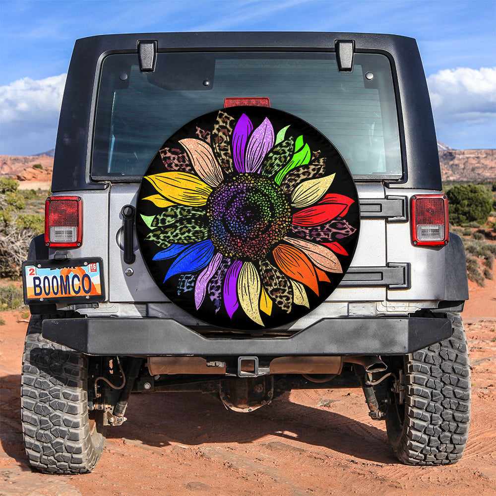 Rainbow Colorful Cheetah Sunflower Jeep Car Spare Tire Covers Gift For Campers Nearkii