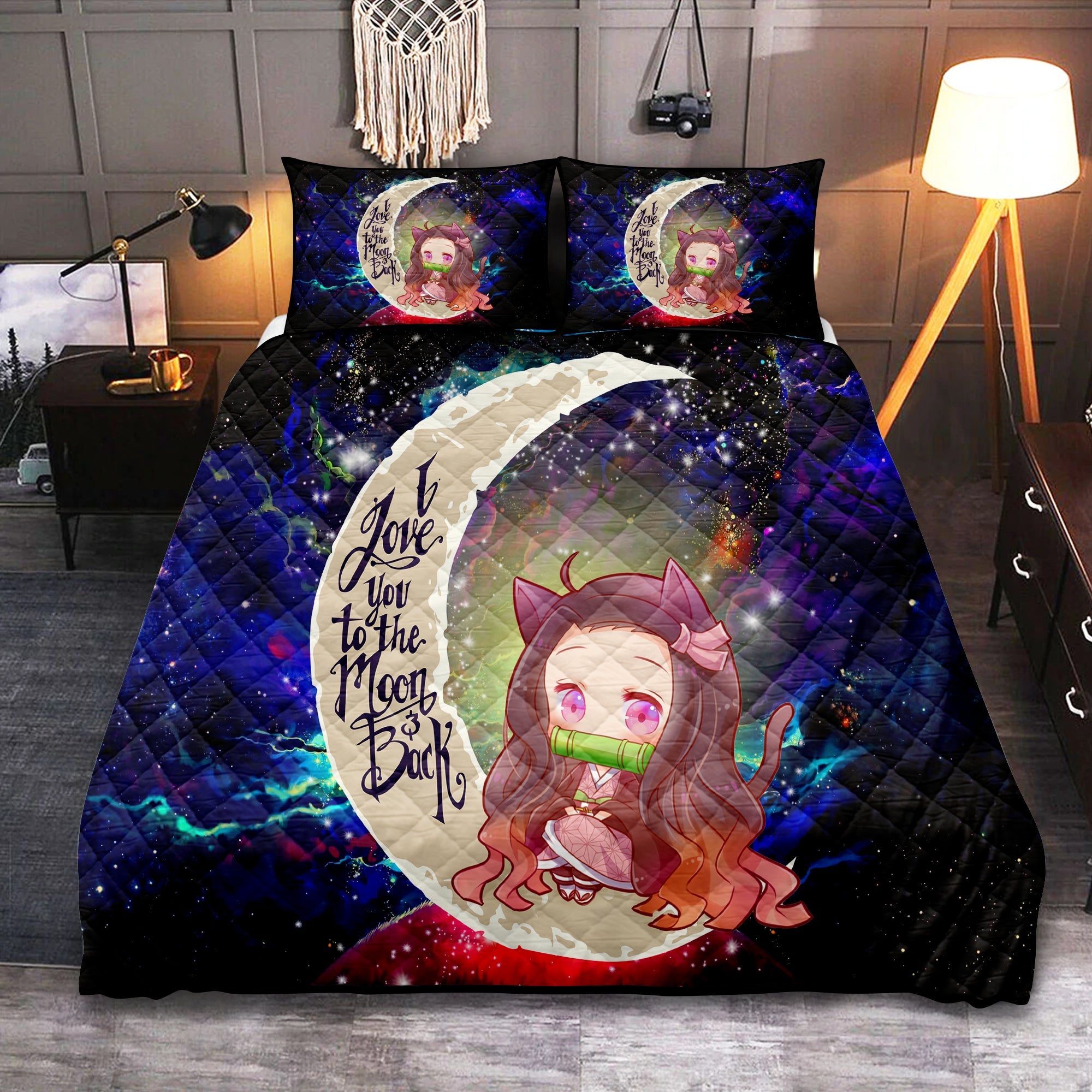 Nezuko Demon Slayer Love You To The Moon Galaxy Quilt Bed Sets Nearkii