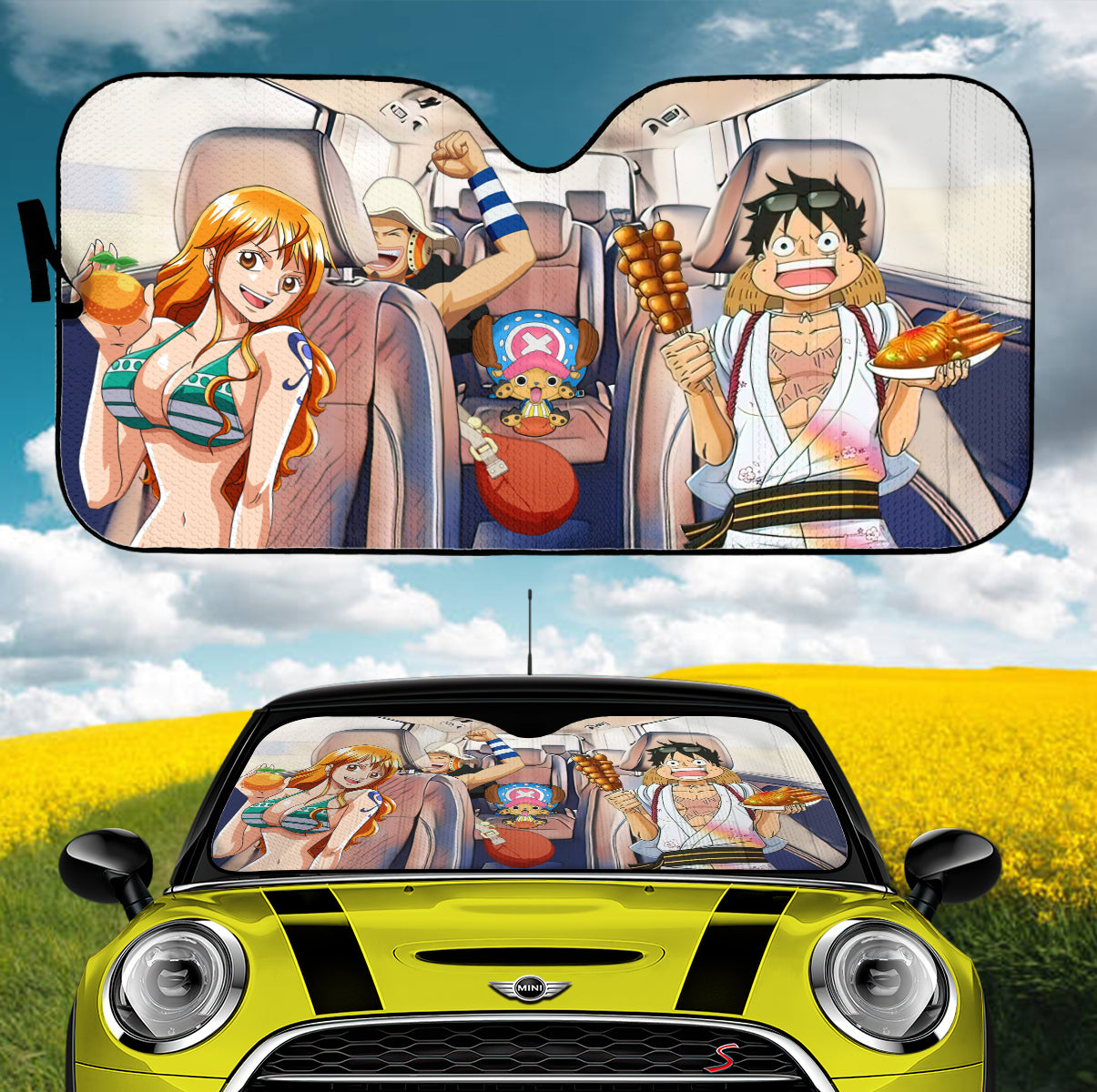 One Piece Anime Luffy Nami Chopper And Usopp Driving Car Auto Sunshades Nearkii