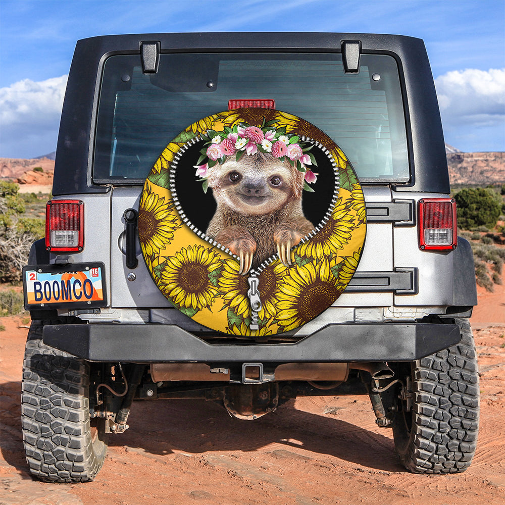 Cute Sloth Sunflower Zipper Jeep Car Spare Tire Covers Gift For Campers Nearkii