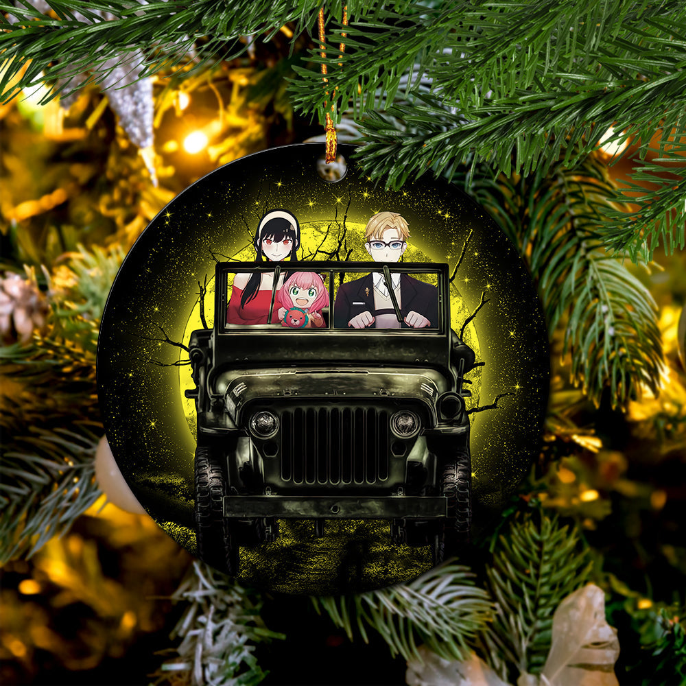 Spy x Family Yor And Anya Ride Jeep Moonlight Halloween Funny Mica Circle Ornament Perfect Gift For Holiday Nearkii