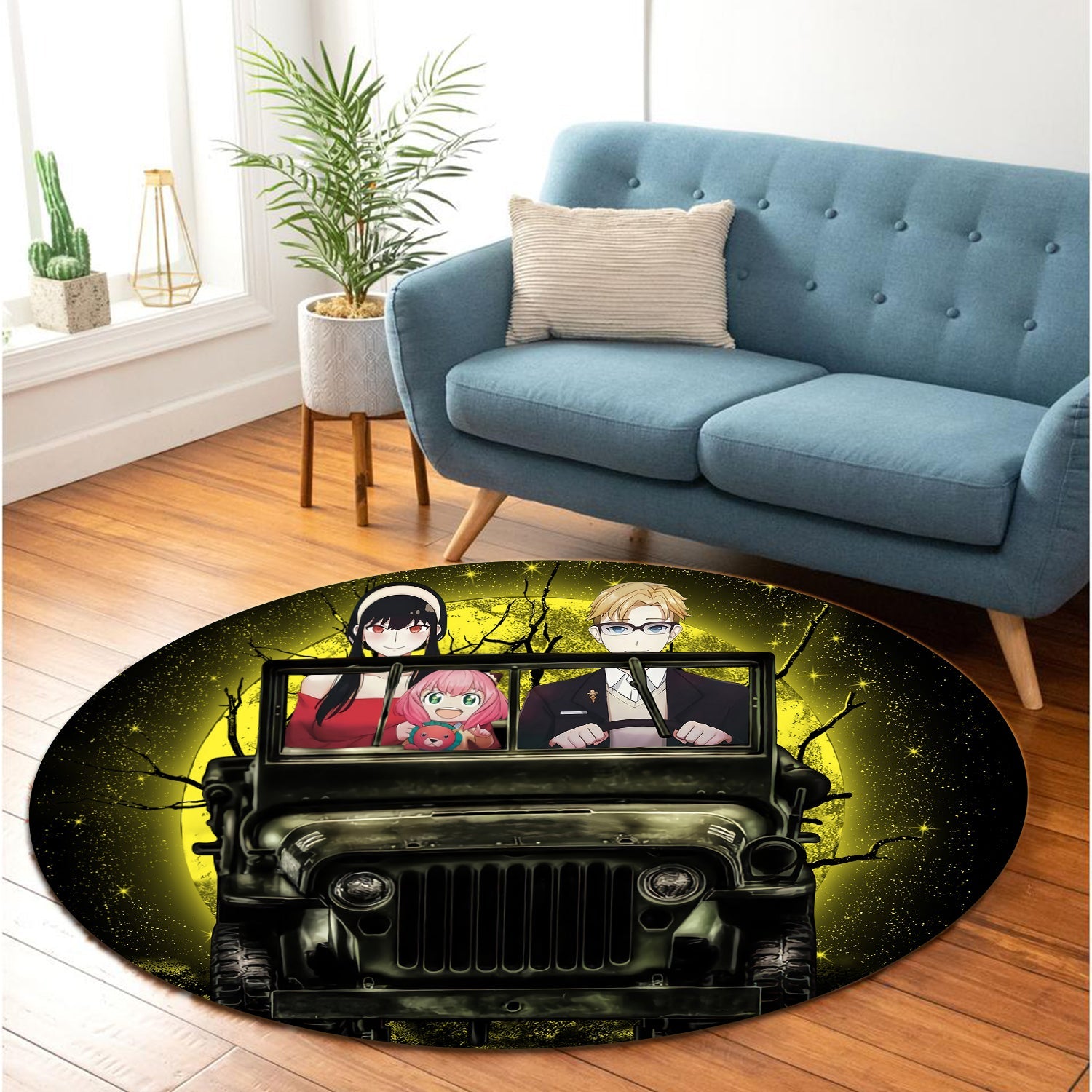 Spy x Family Yor And Anya Ride Jeep Moonlight Halloween Round Carpet Rug Bedroom Livingroom Home Decor Nearkii