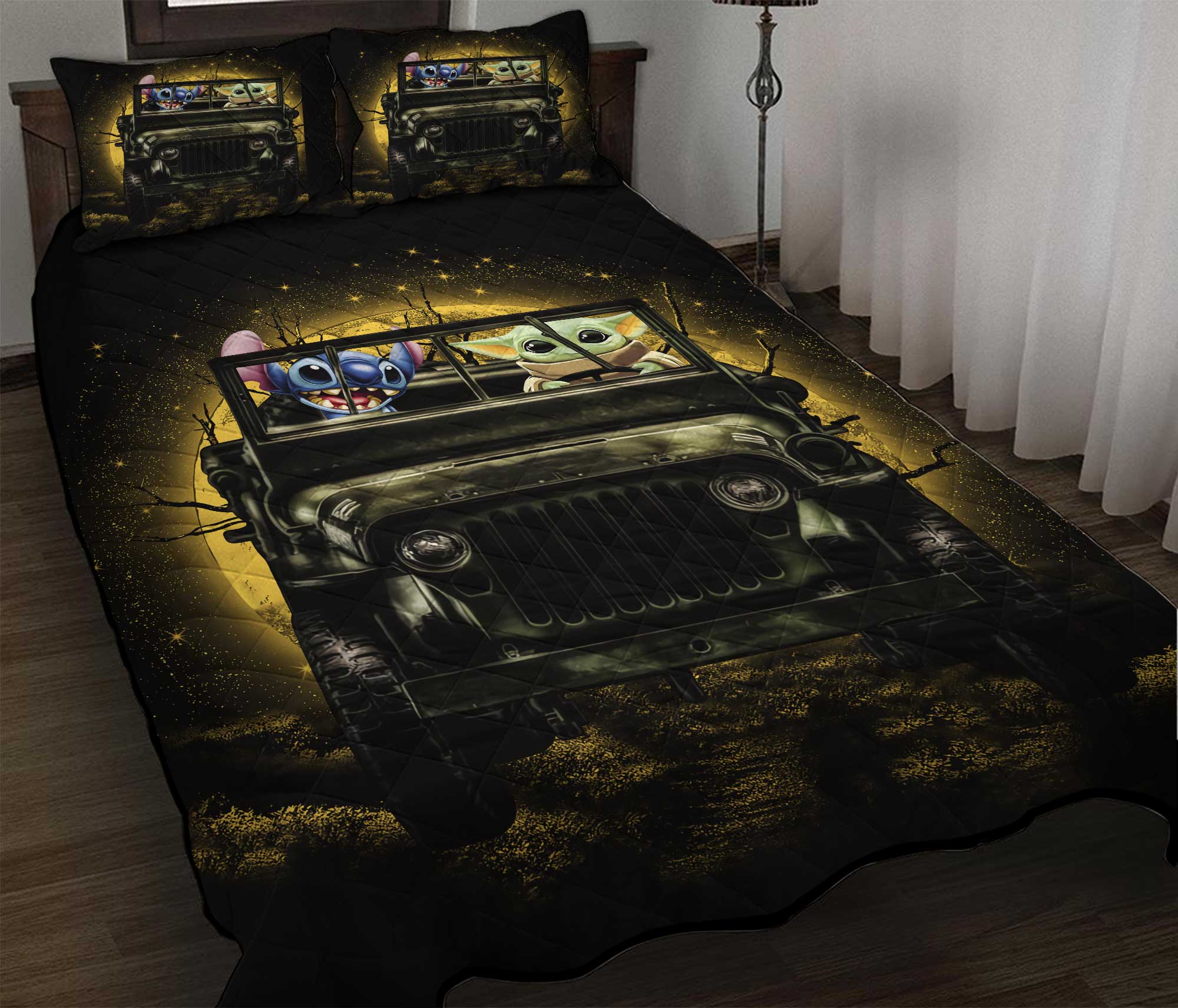 Stitch And Baby Yoda Ride Jeep Halloween Moonlight Quilt Bed Sets Nearkii