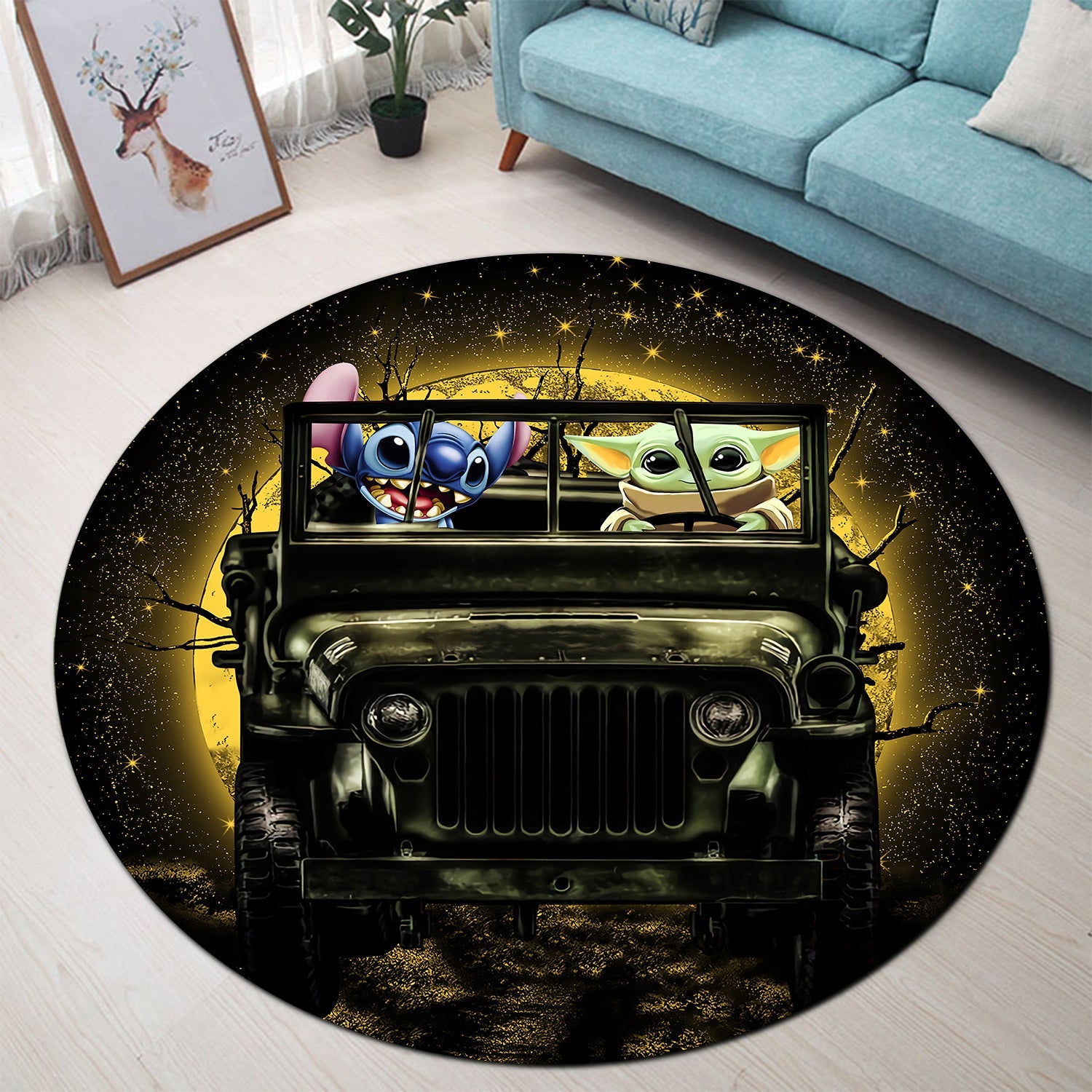 Stitch And Baby Yoda Ride Jeep Moonlight Halloween Round Carpet Rug Bedroom Livingroom Home Decor Nearkii