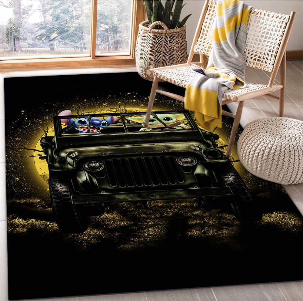 Stitch And Baby Yoda Ride Jeep Funny Anime Moonlight Rug Carpet Rug Home Room Decor Nearkii