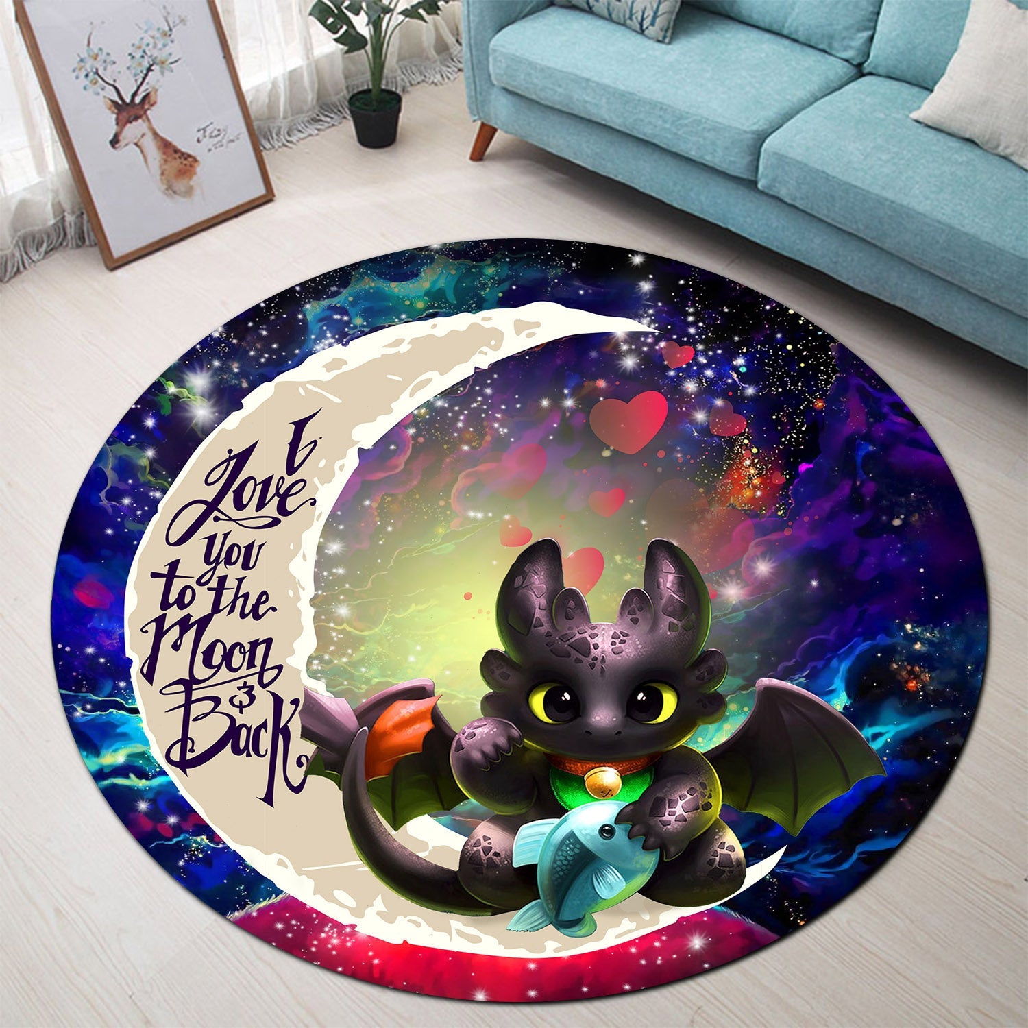 Toothless With Fish Love You To The Moon Galaxy Round Carpet Rug Bedroom Livingroom Home Decor Nearkii