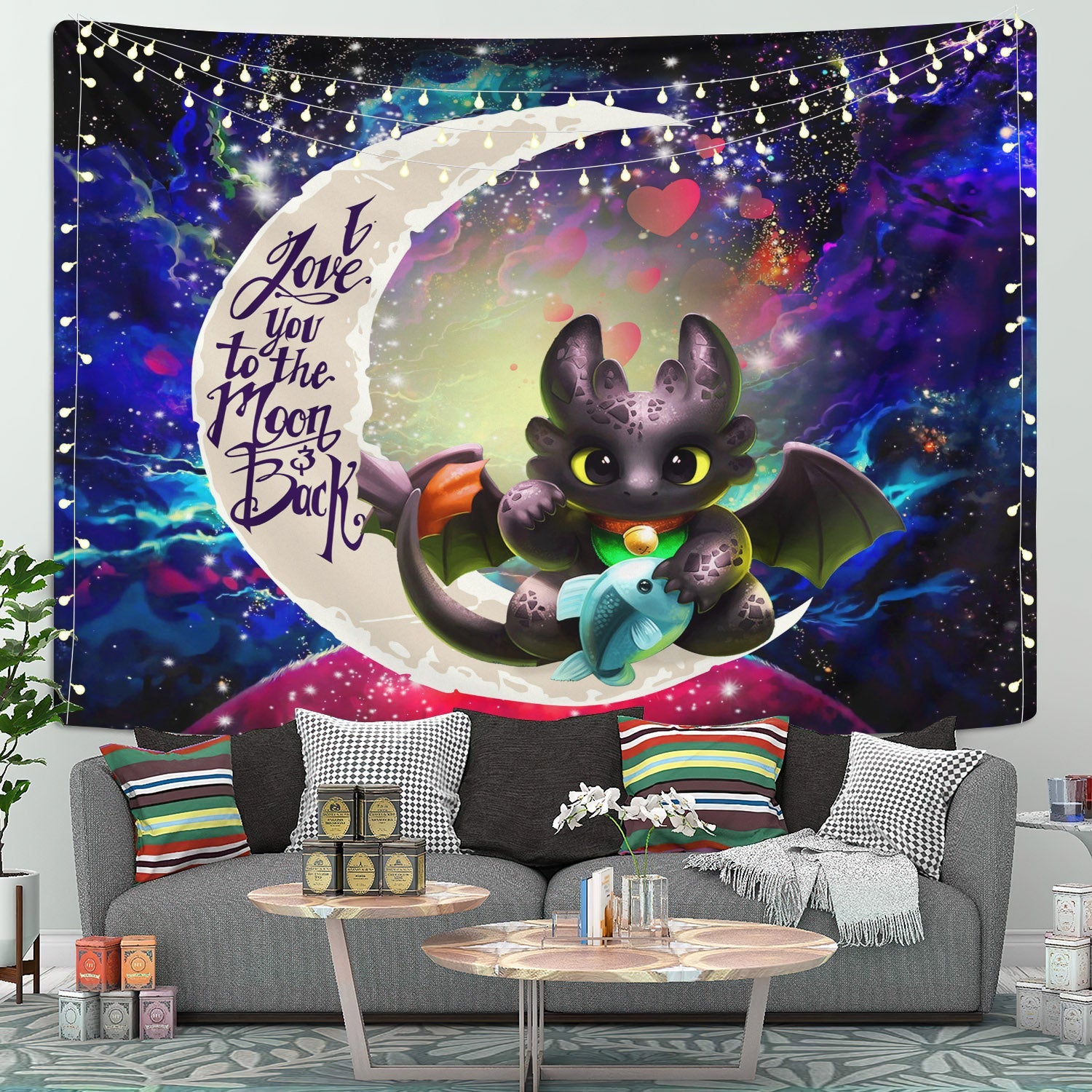 Toothless With Fish Love You To The Moon Galaxy Tapestry Room Decor Nearkii