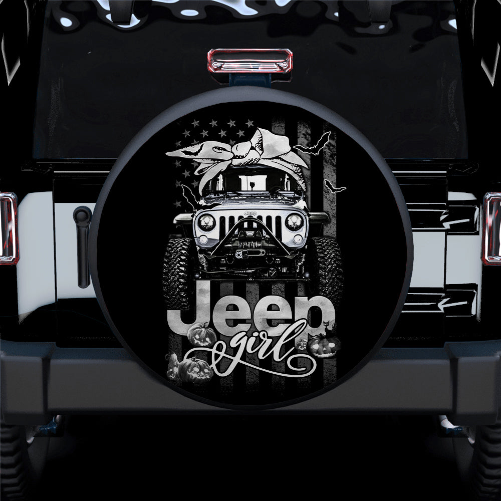 Halloween American Flag White Jeep Girl Car Spare Tire Covers Gift For Campers Nearkii