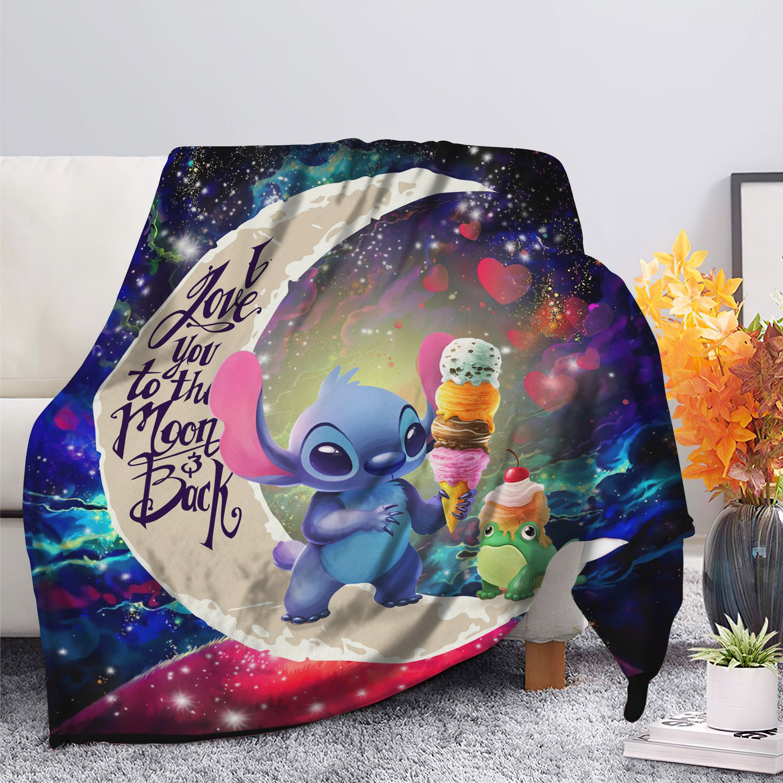 Cute Stitch Frog Icecream Love You To The Moon Galaxy Blanket Nearkii