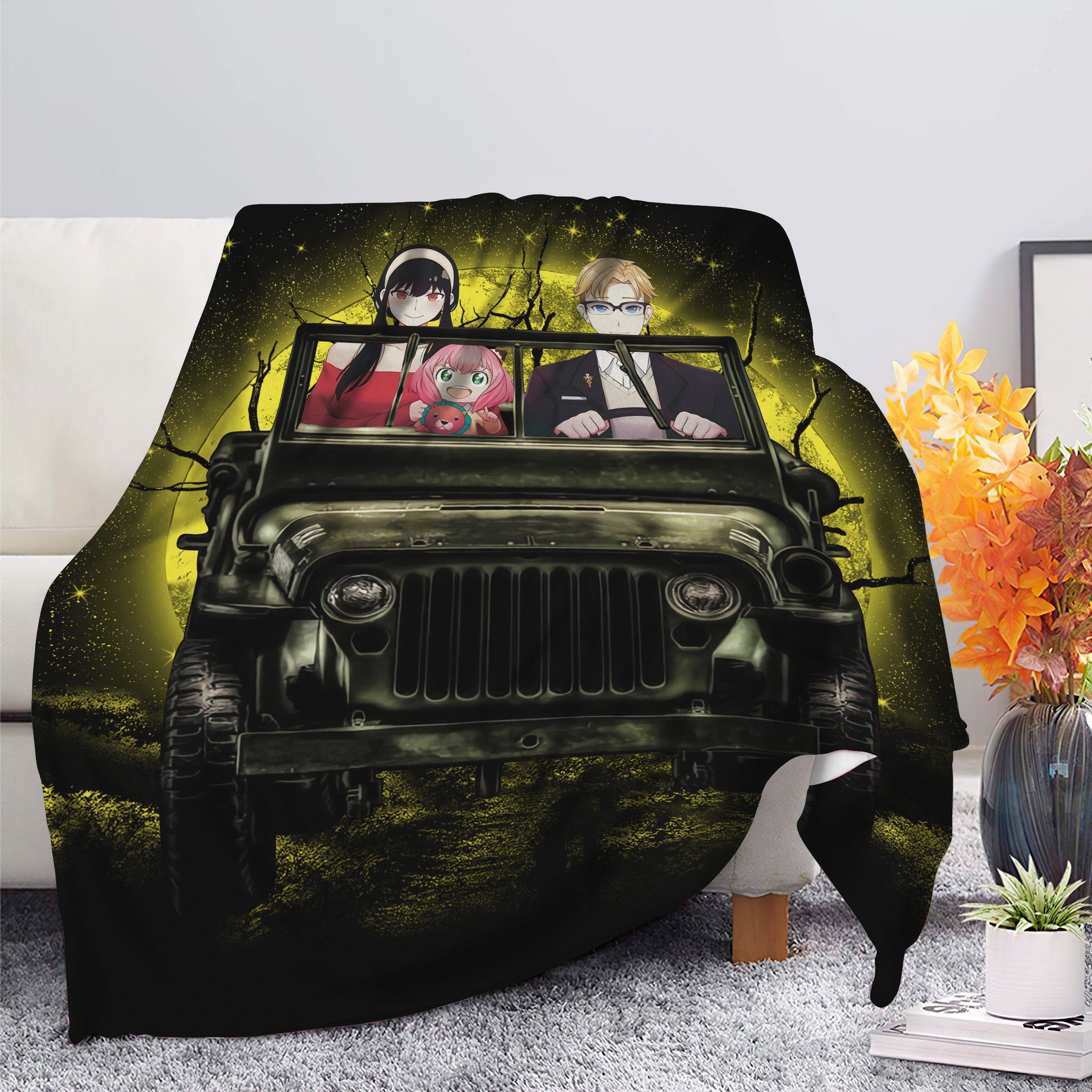 Spy X Family Yor And Anya Ride Jeep Moonlight Halloween Funny Premium Blanket Nearkii