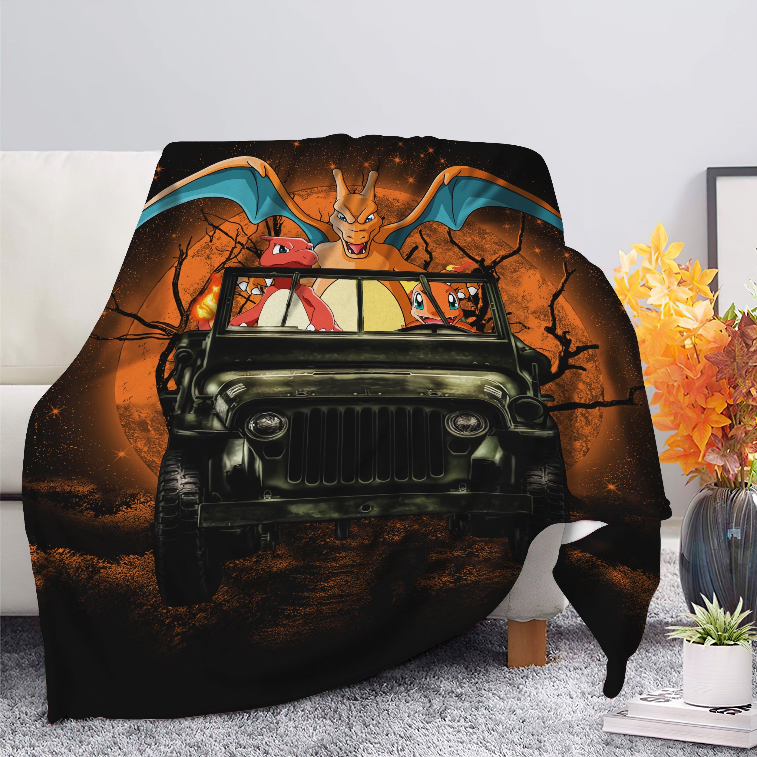 Charizard Charmender Pokemon Drive Jeep Moonlight Halloween Funny Premium Blanket Nearkii