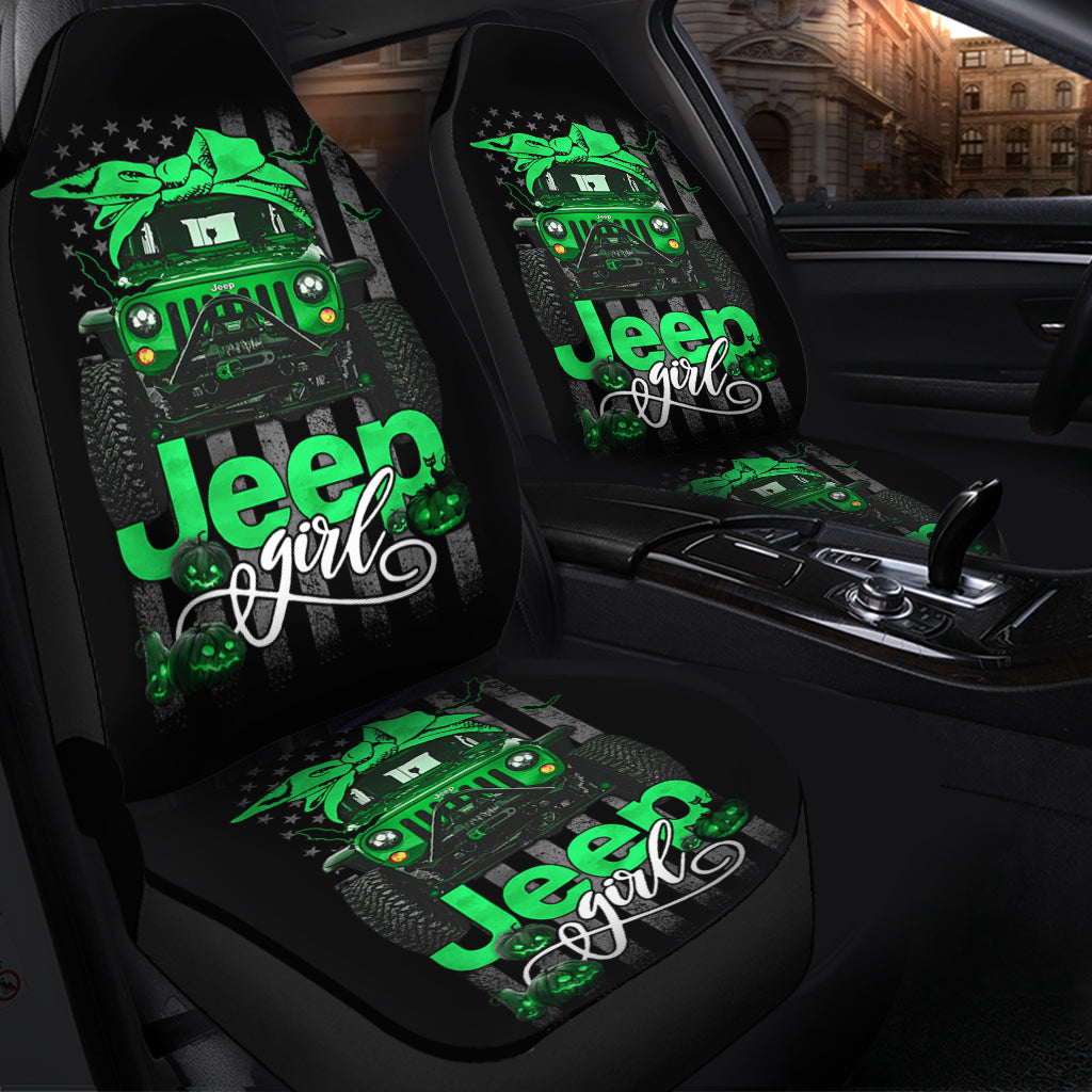 Halloween American Flag Green Jeep Girl Premium Custom Car Seat Covers Decor Protectors Nearkii