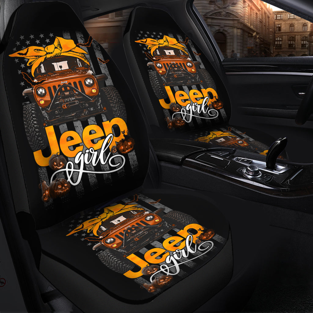 Halloween American Flag Orange Jeep Girl Premium Custom Car Seat Covers Decor Protectors Nearkii