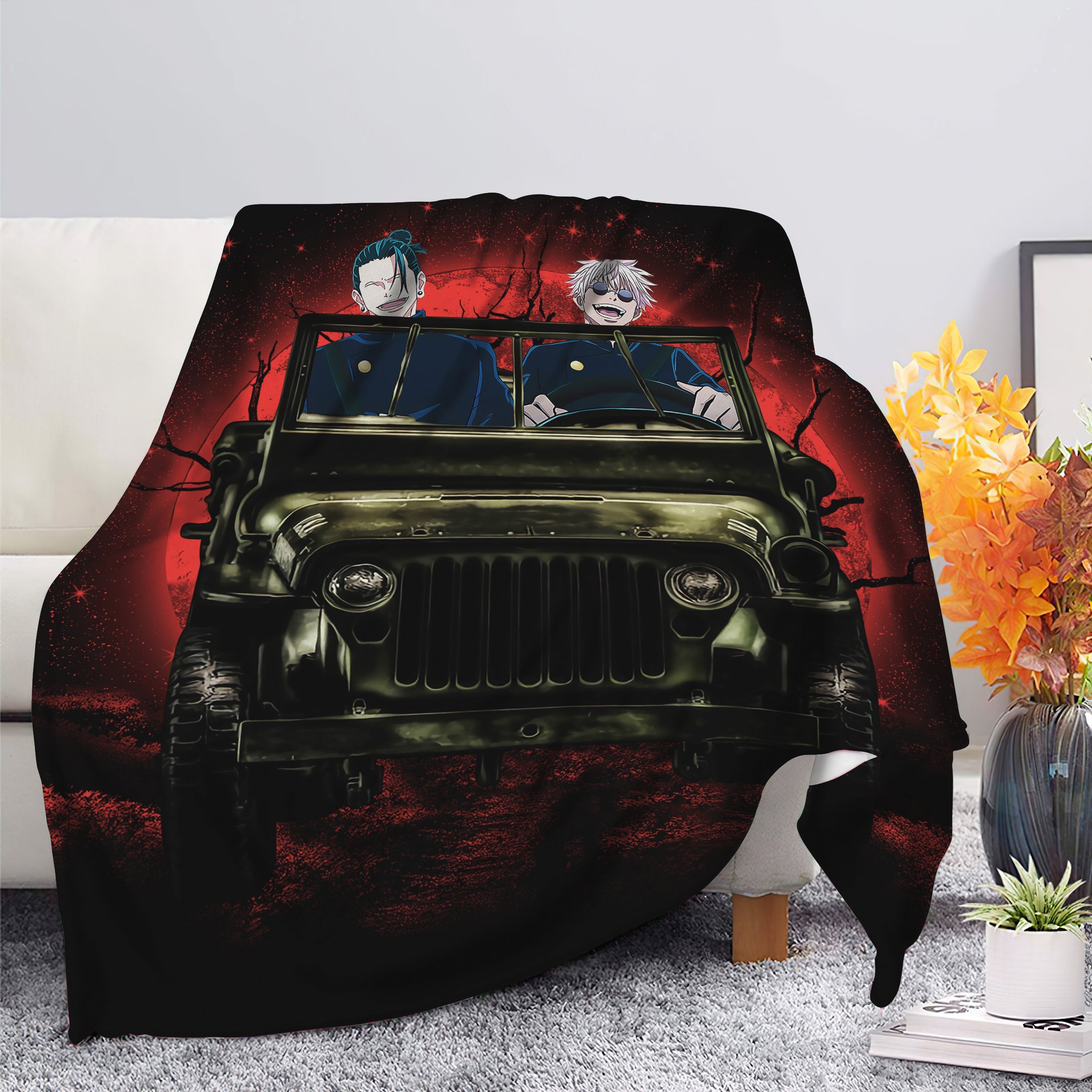 Gojo Geto Jujutsu Kaisen Ride Jeep Halloween Funny Anime Premium Blanket Nearkii