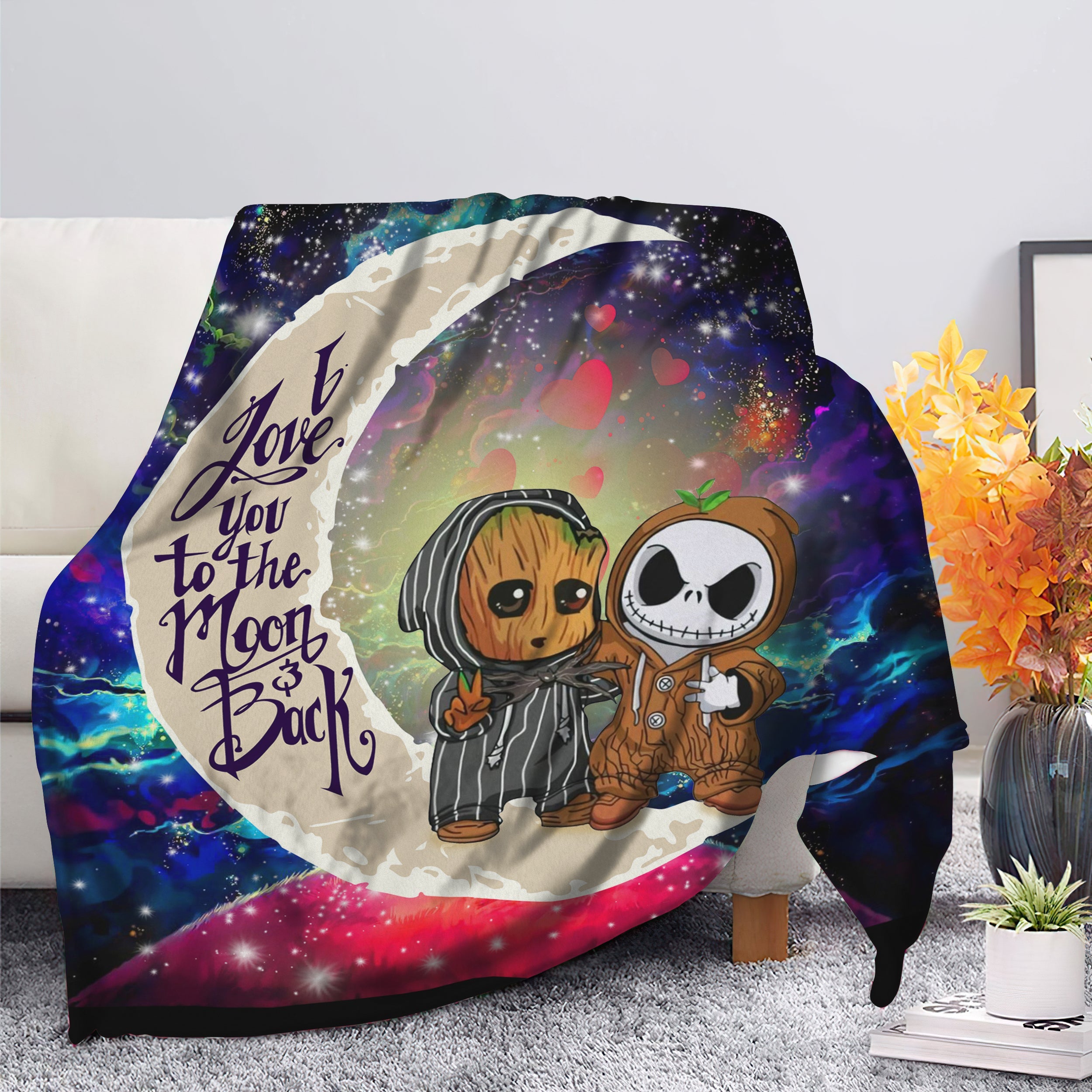 Cute Baby Groot And Jack Nightmare Before Christmas Love You To The Moon Galaxy Blanket Nearkii