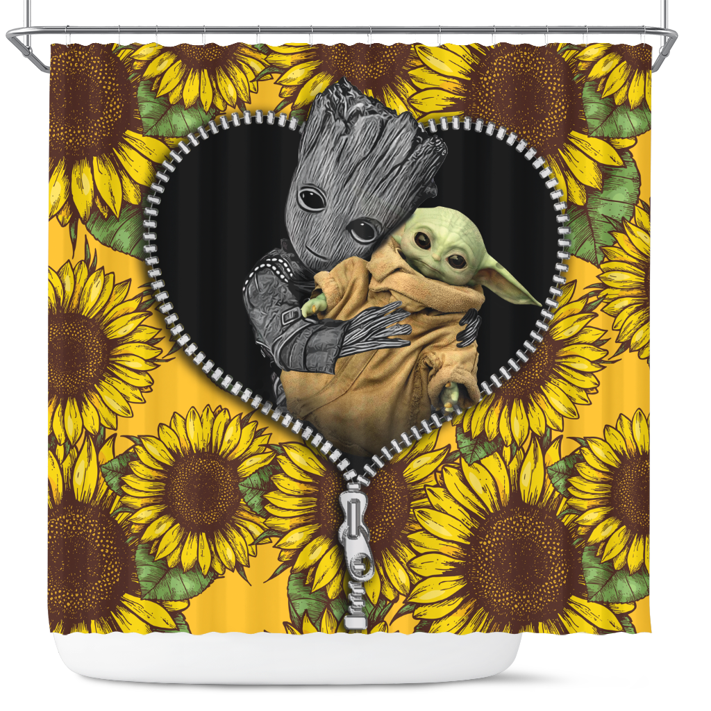 Baby Groot And Baby Yoda Sunflower Zipper Shower Curtain Nearkii