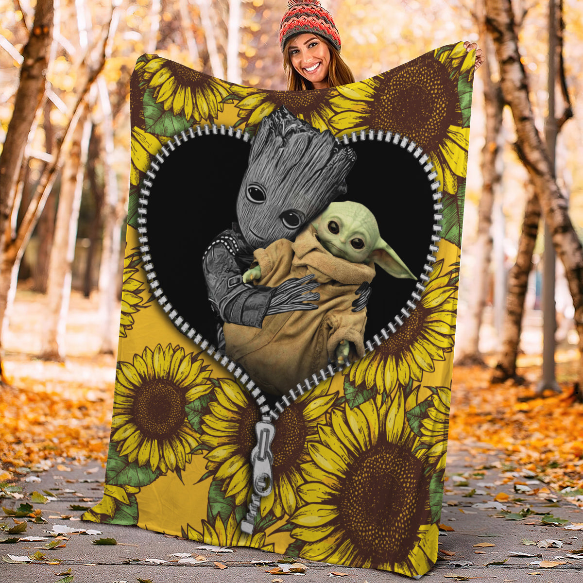 Baby Groot And Baby Yoda Sunflower Zipper Premium Blanket Nearkii