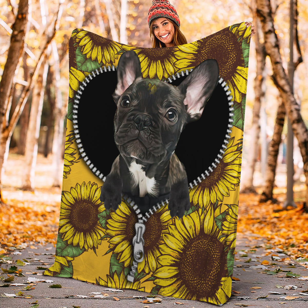 Black French Bulldog Sunflower Zipper Premium Blanket Nearkii