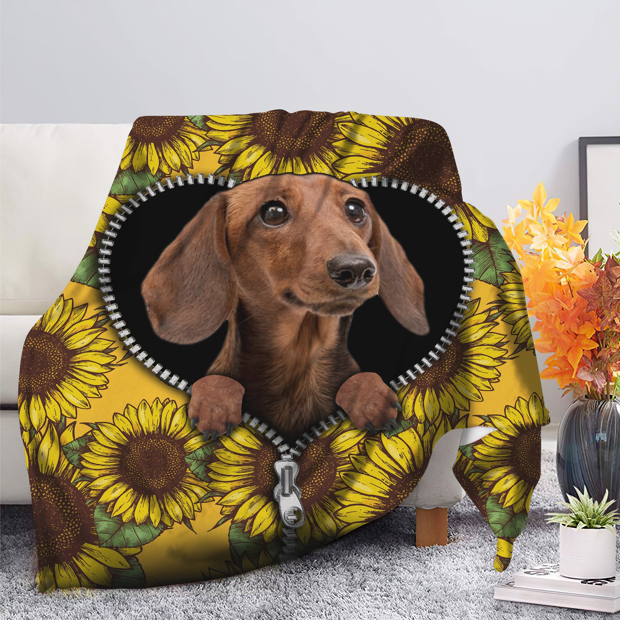 Brown Dachshund Sunflower Zipper Premium Blanket Nearkii