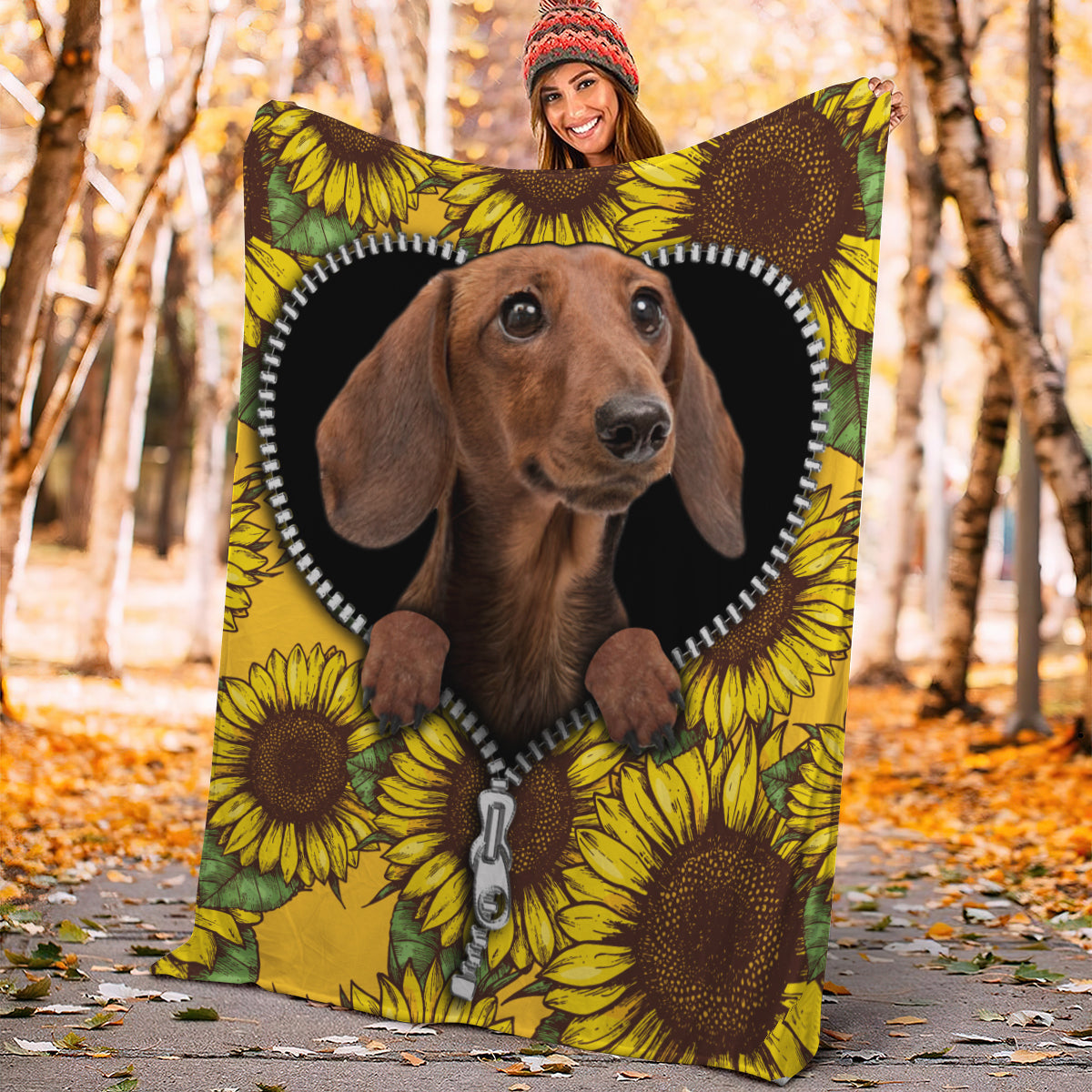 Brown Dachshund Sunflower Zipper Premium Blanket Nearkii