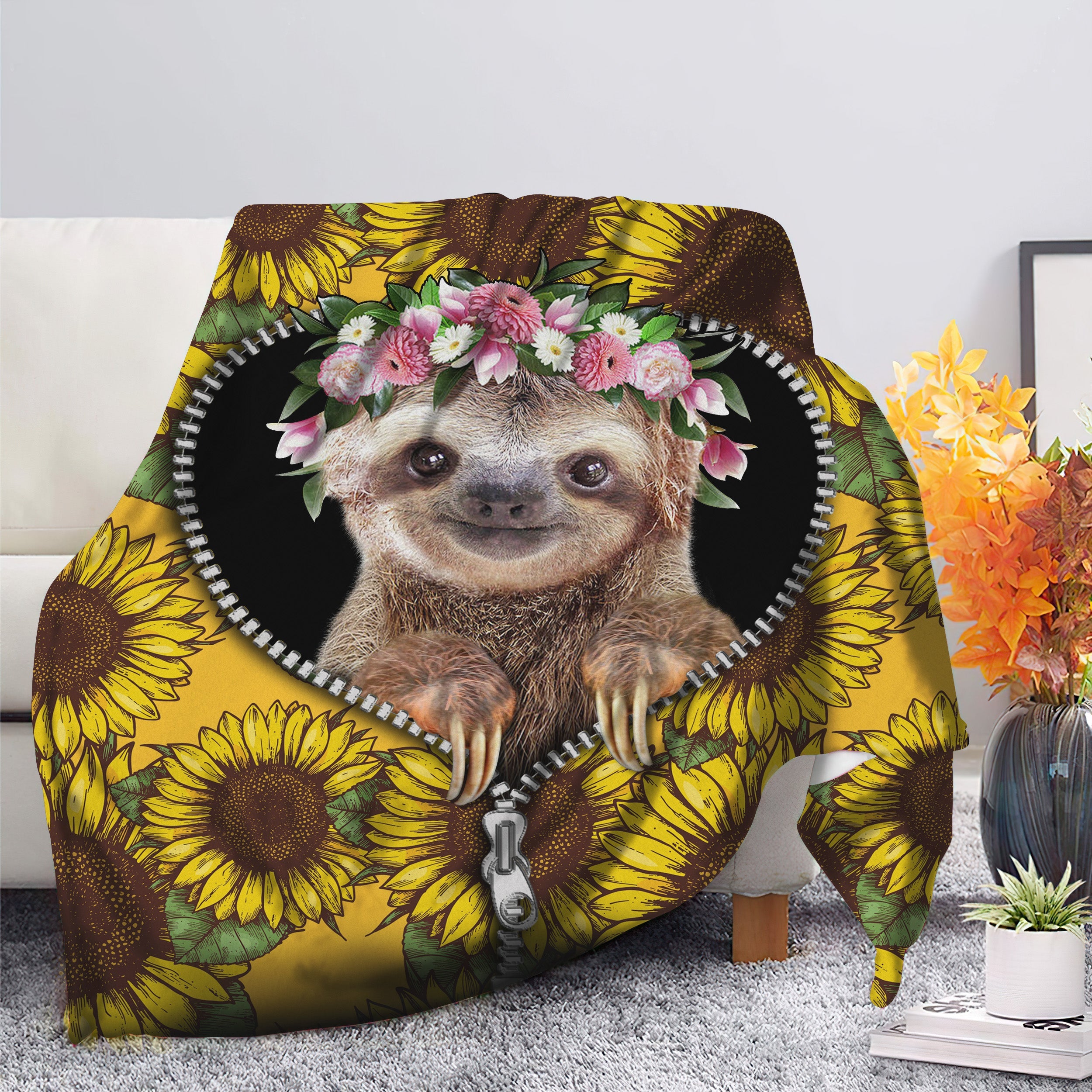 Cute Sloth Sunflower Zipper Premium Blanket Nearkii