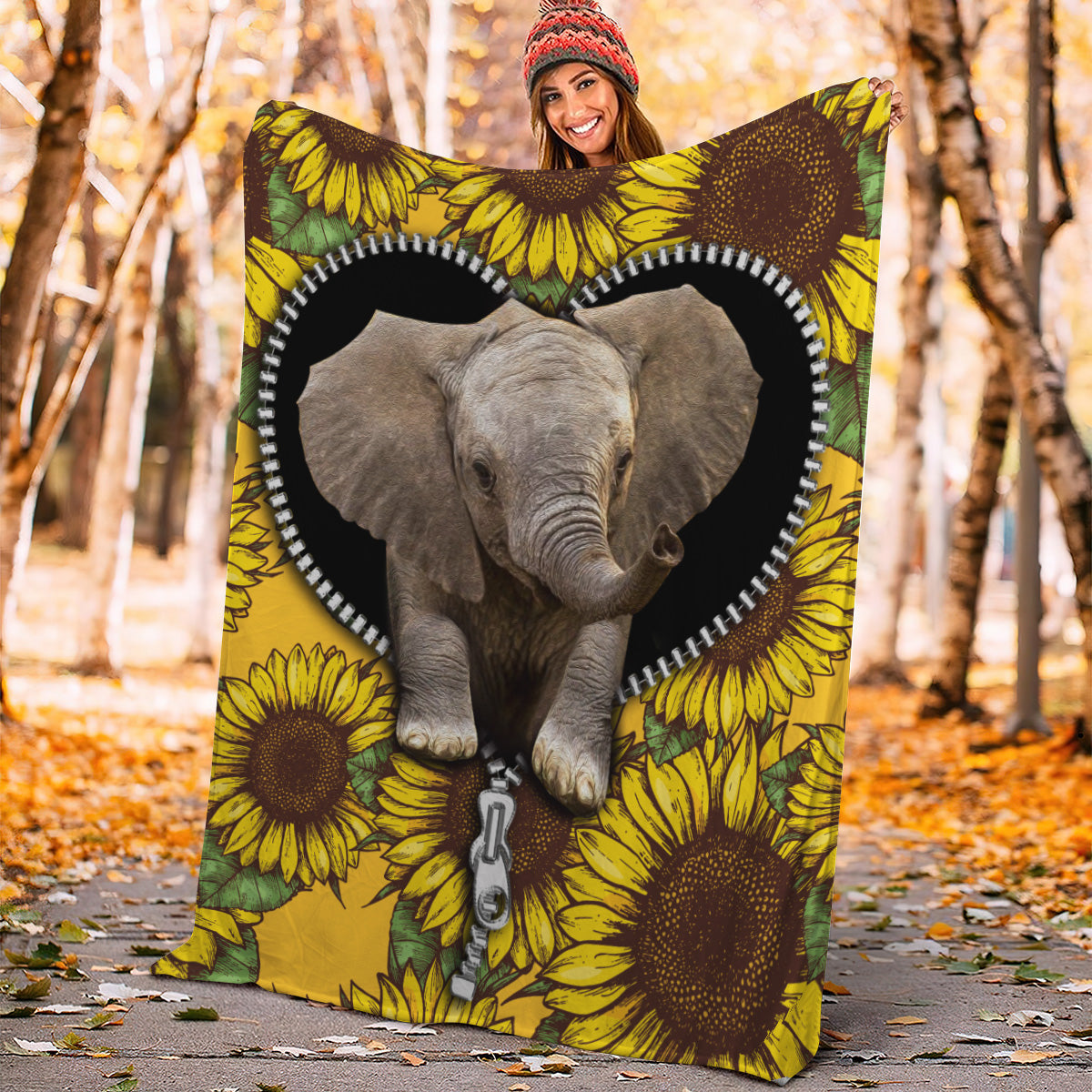 Cute Baby Elephant Sunflower Zipper Premium Blanket Nearkii