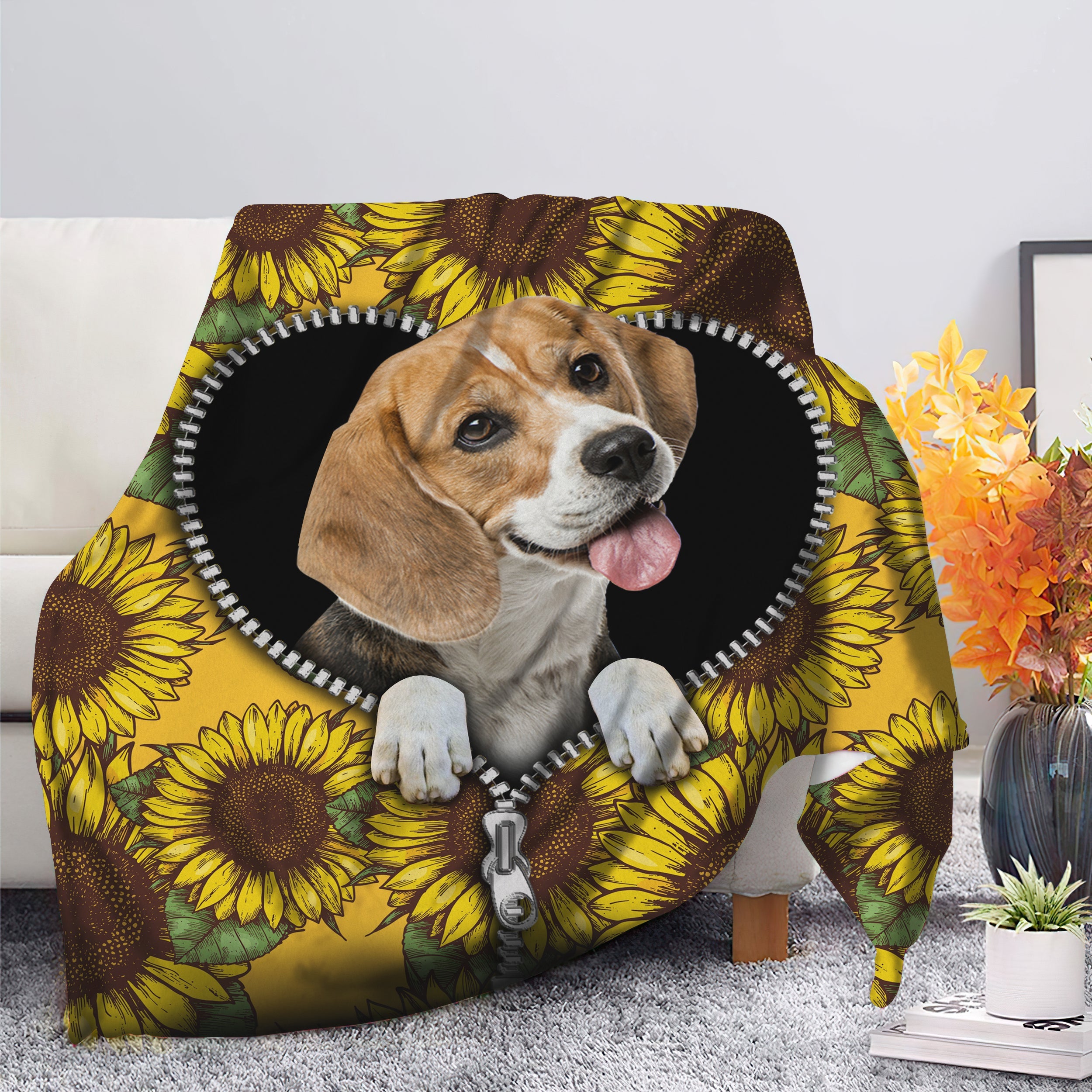 Cute Beagle Dog Sunflower Zipper Premium Blanket Nearkii