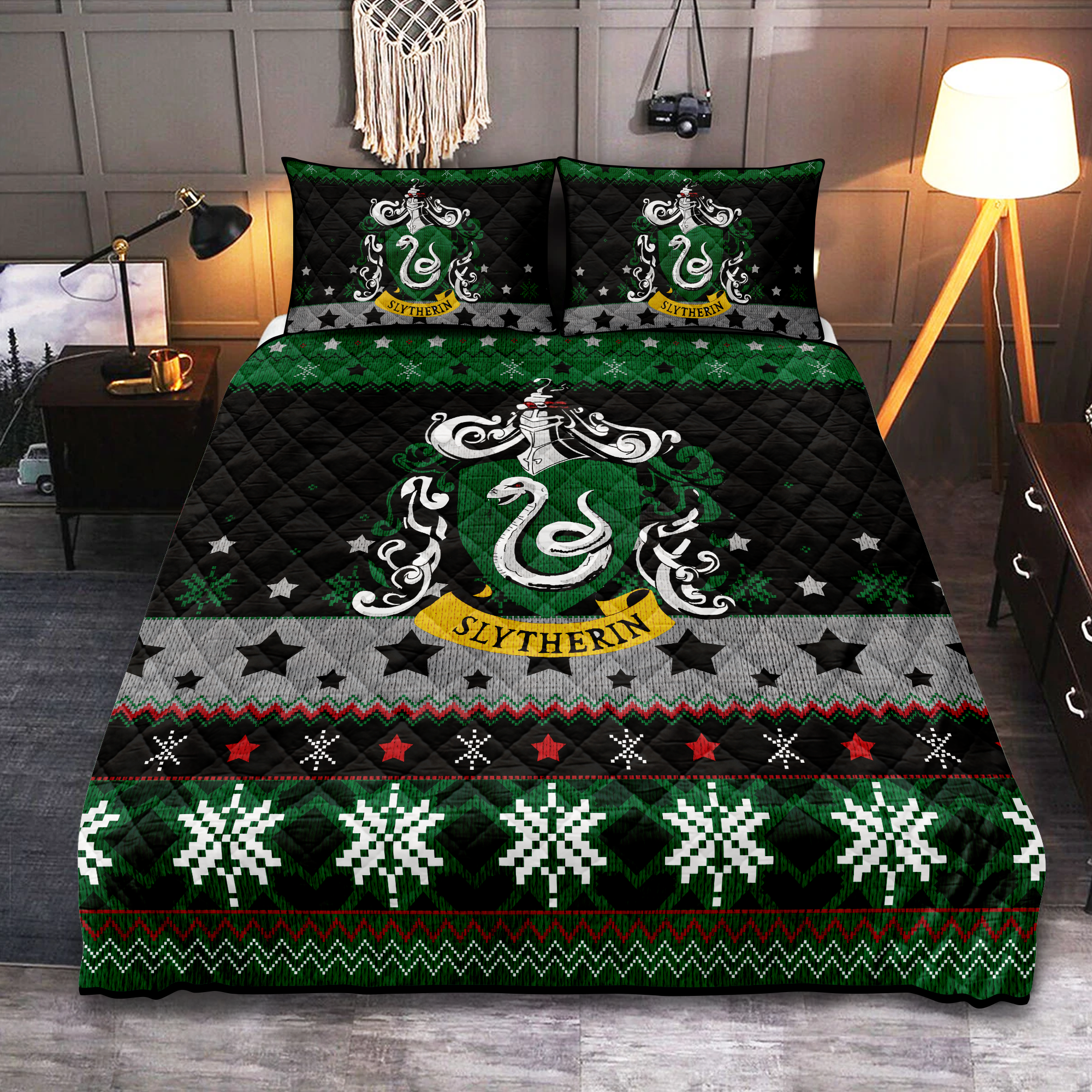 Slytherin Green Christmas Quilt Bed Sets Nearkii