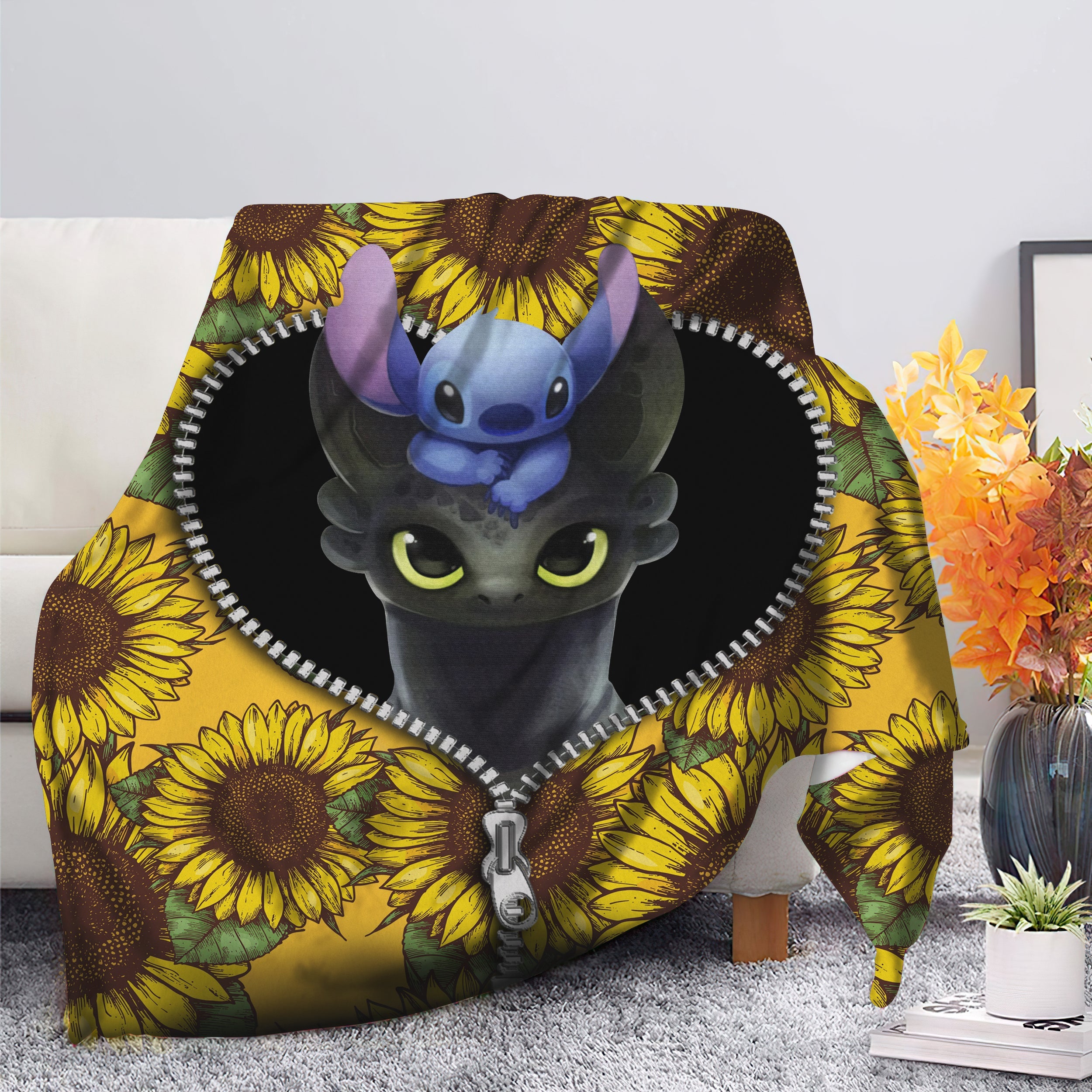 Toothless And Stitch Sunflower Zipper Premium Blanket Nearkii