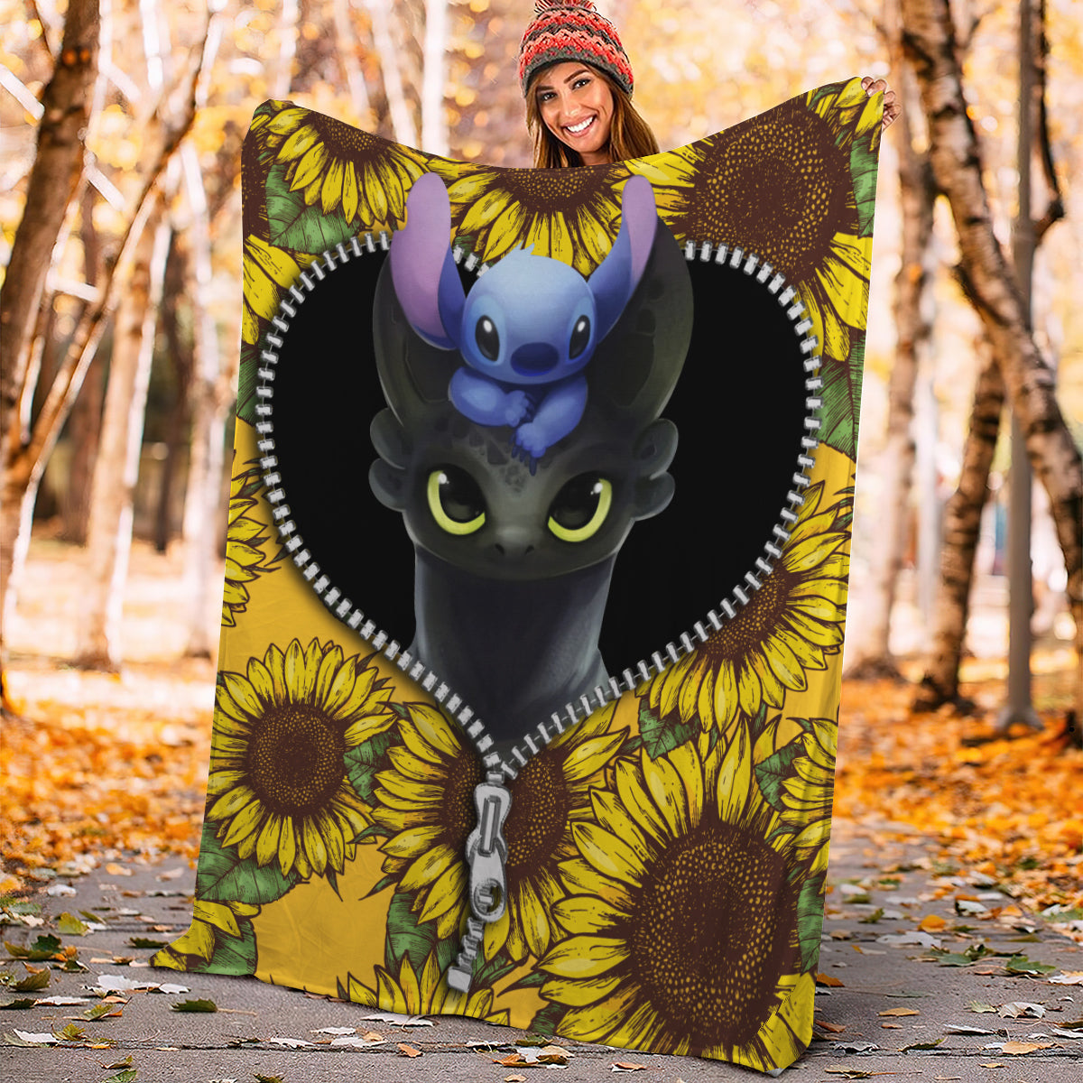 Toothless And Stitch Sunflower Zipper Premium Blanket Nearkii