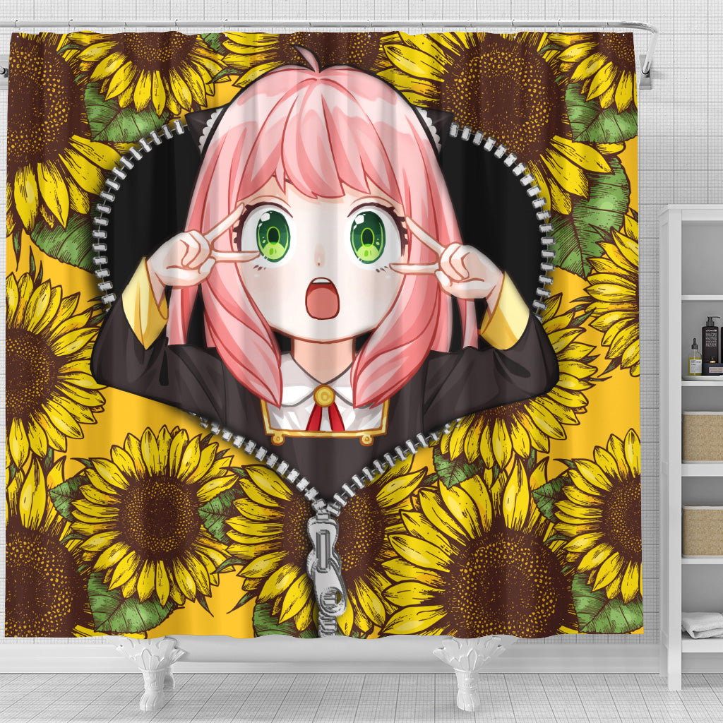 Anya Spy X Family Sunflower Zipper Anime Shower Curtain Nearkii