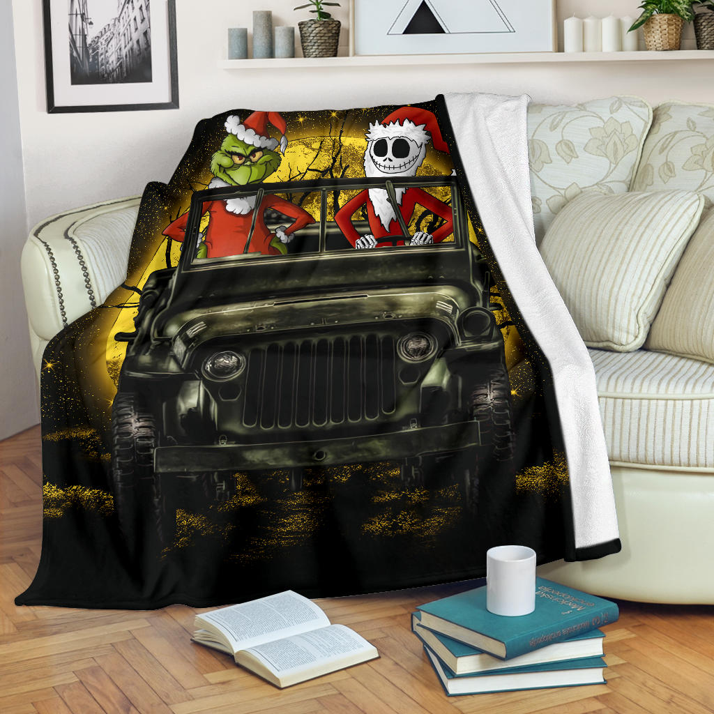 Jack Nightmare Before Christmas And Grinch Ride Jeep Moonlight Hallowwen Premium Blanket Nearkii