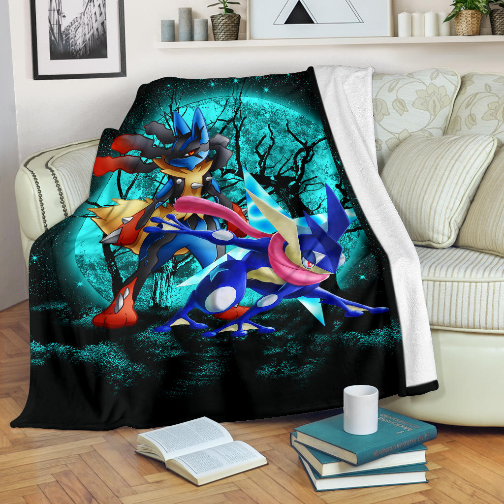 Greninja Satoshi And Mega Lucario Pokemon Moonlight Halloween Premium Blanket Nearkii