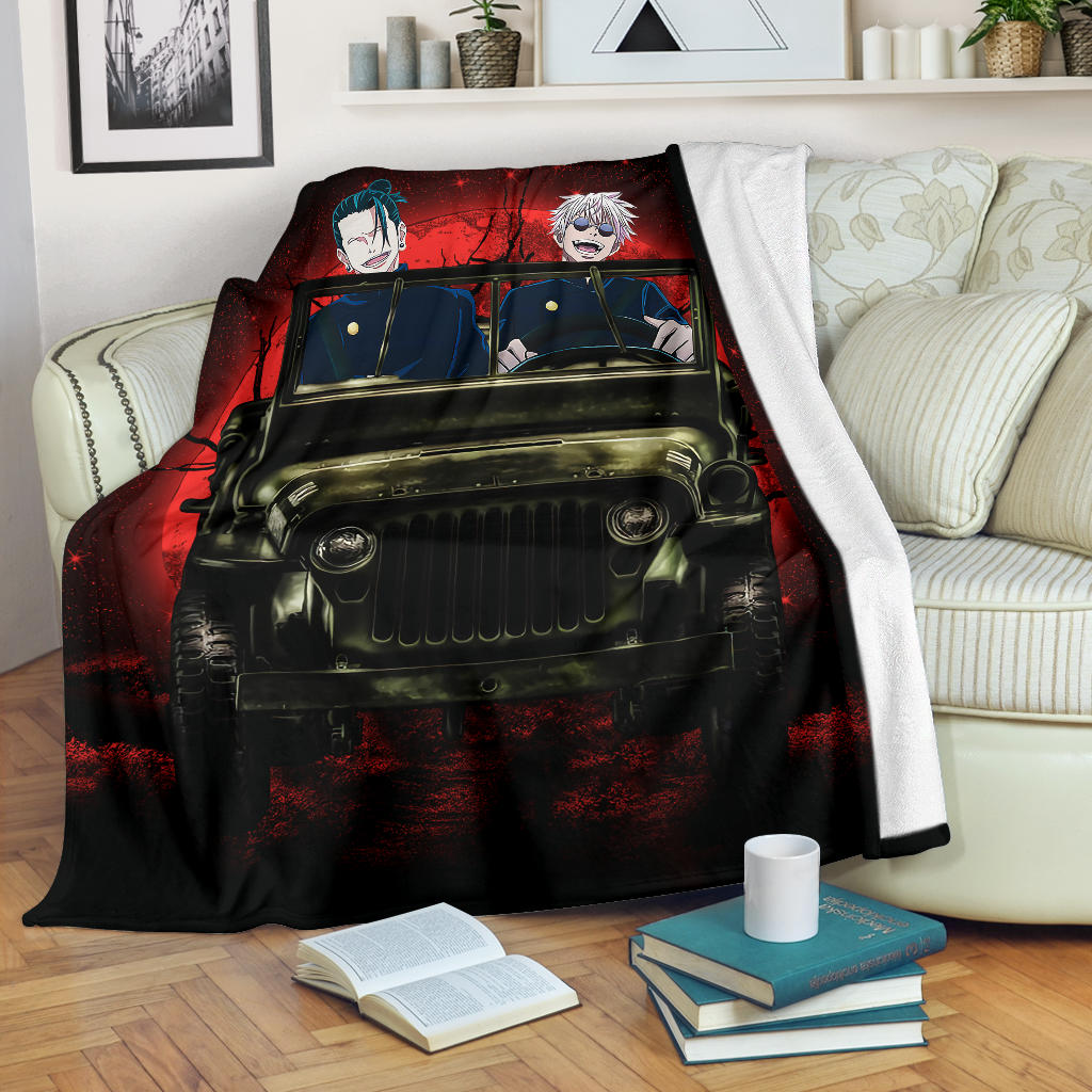 Gojo Geto Jujutsu Kaisen Ride Jeep Halloween Funny Anime Premium Blanket Nearkii