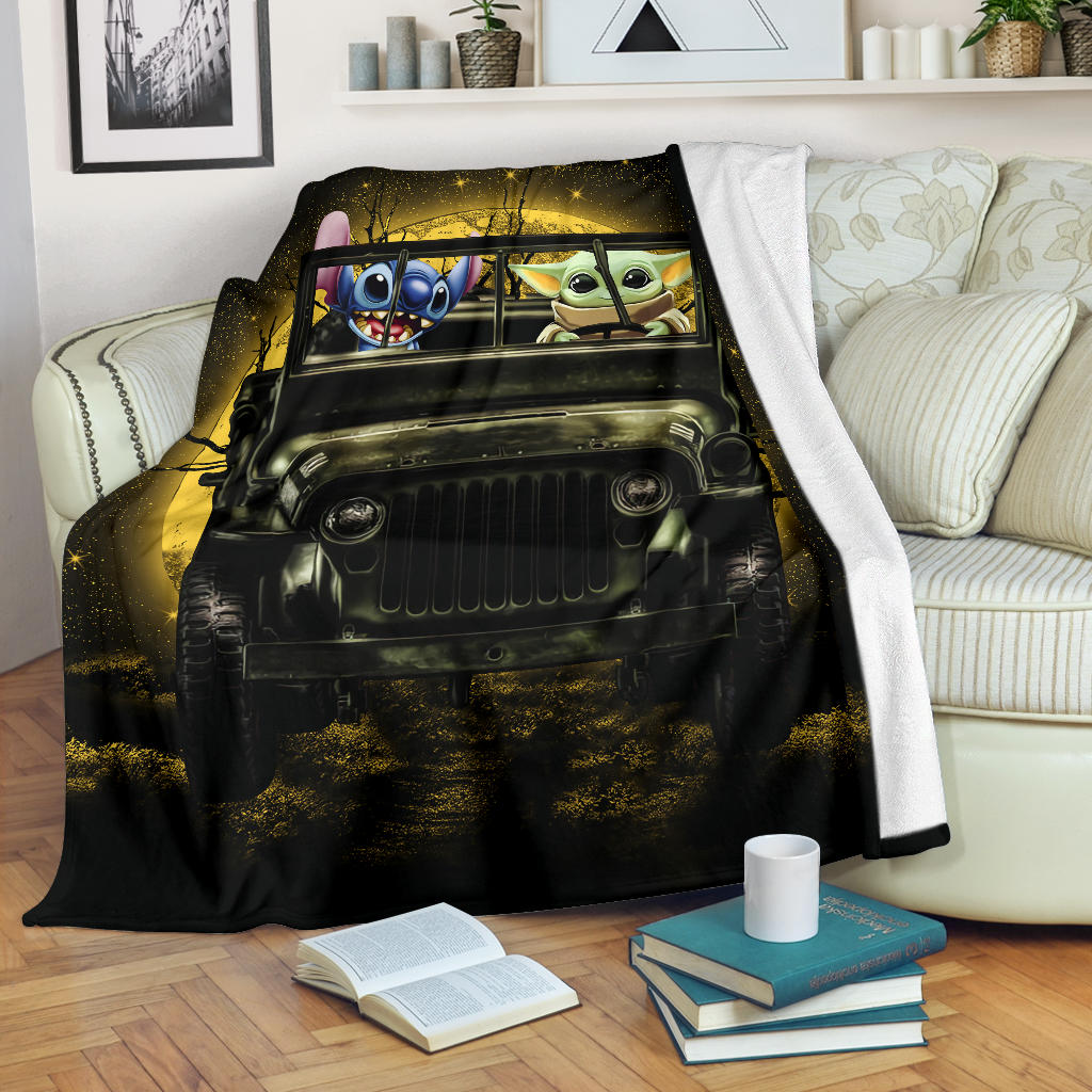 Stitch And Baby Yoda Ride Jeep Moonlight Halloween Funny Premium Blanket Nearkii