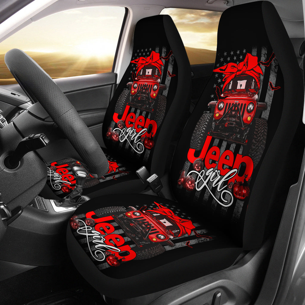 Halloween American Flag Red Jeep Girl Premium Custom Car Seat Covers Decor Protectors Nearkii