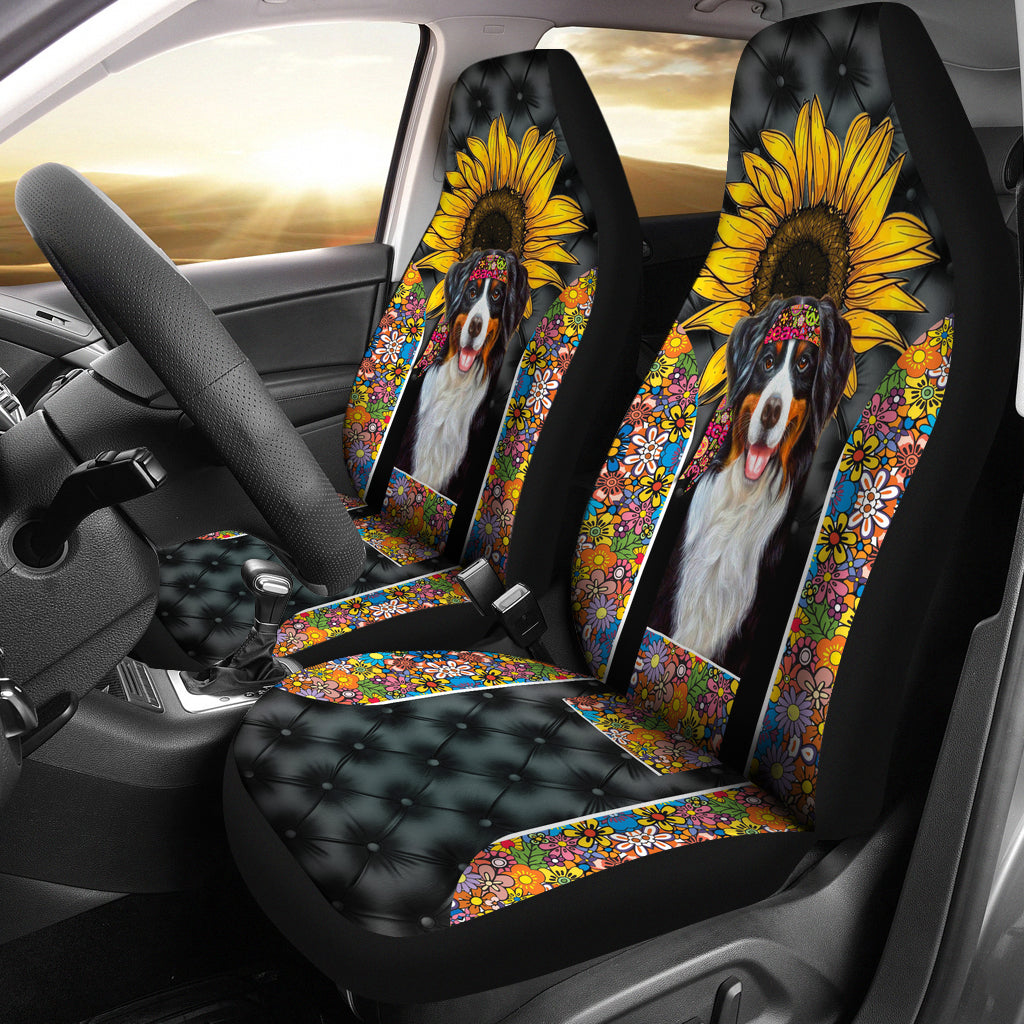 Bernese Mountain Dog Sunflower Hippie Premium Custom Car Seat Covers Decor Protector Nearkii