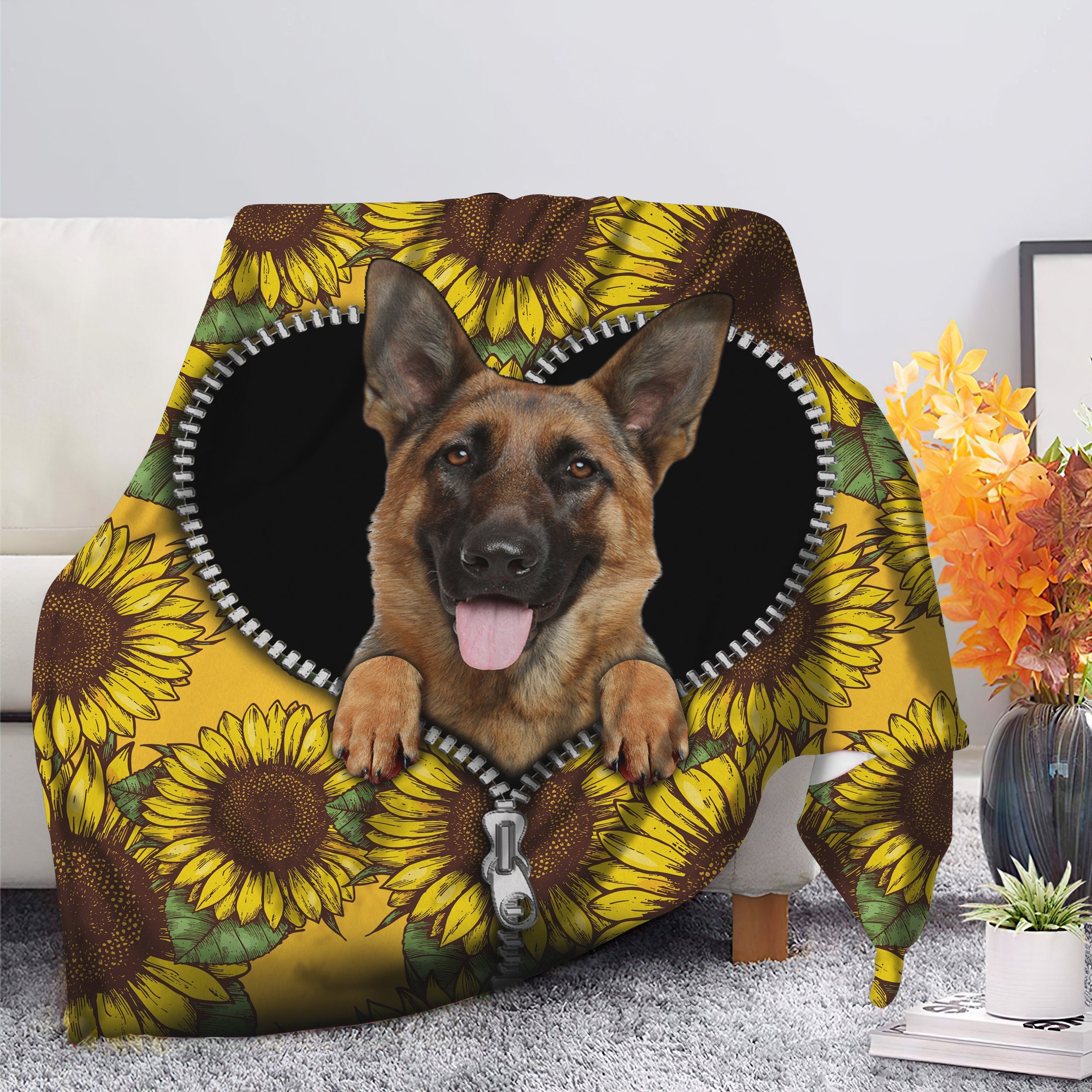 German Shepherd Sunflower Zipper Premium Blanket Nearkii